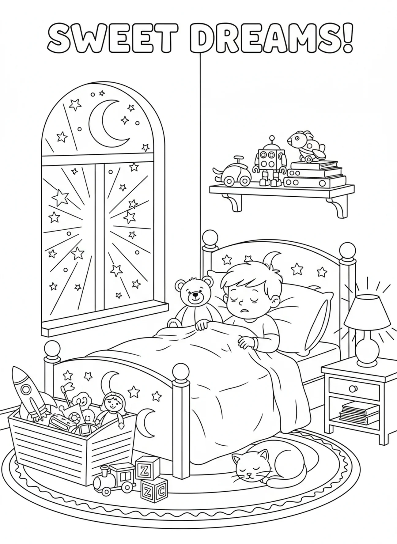 Quarto aconchegante, página de colorir Orando na Hora de Dormir para crianças de 5 a 10 anos.