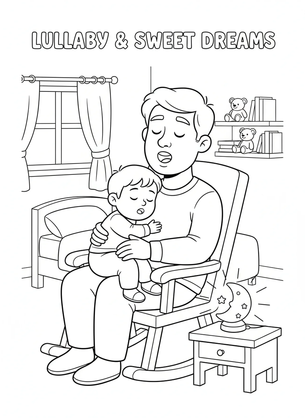 Página de colorir 'Cantando uma Canção de Ninar', orando na hora de dormir para crianças de 5 a 10 anos.