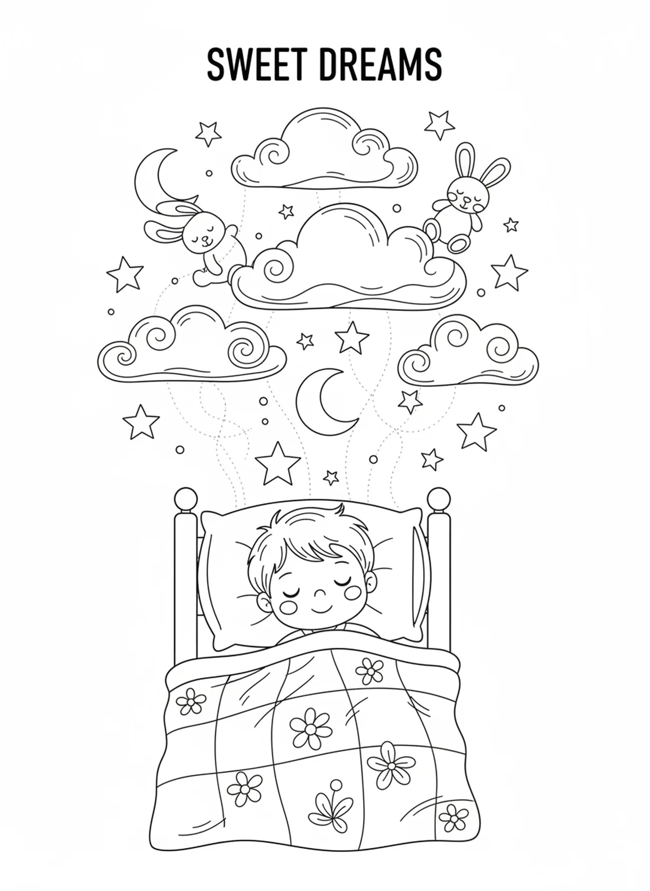 Criança dormindo, página para colorir 'Orando na Hora de Dormir' para crianças de 5 a 10 anos.