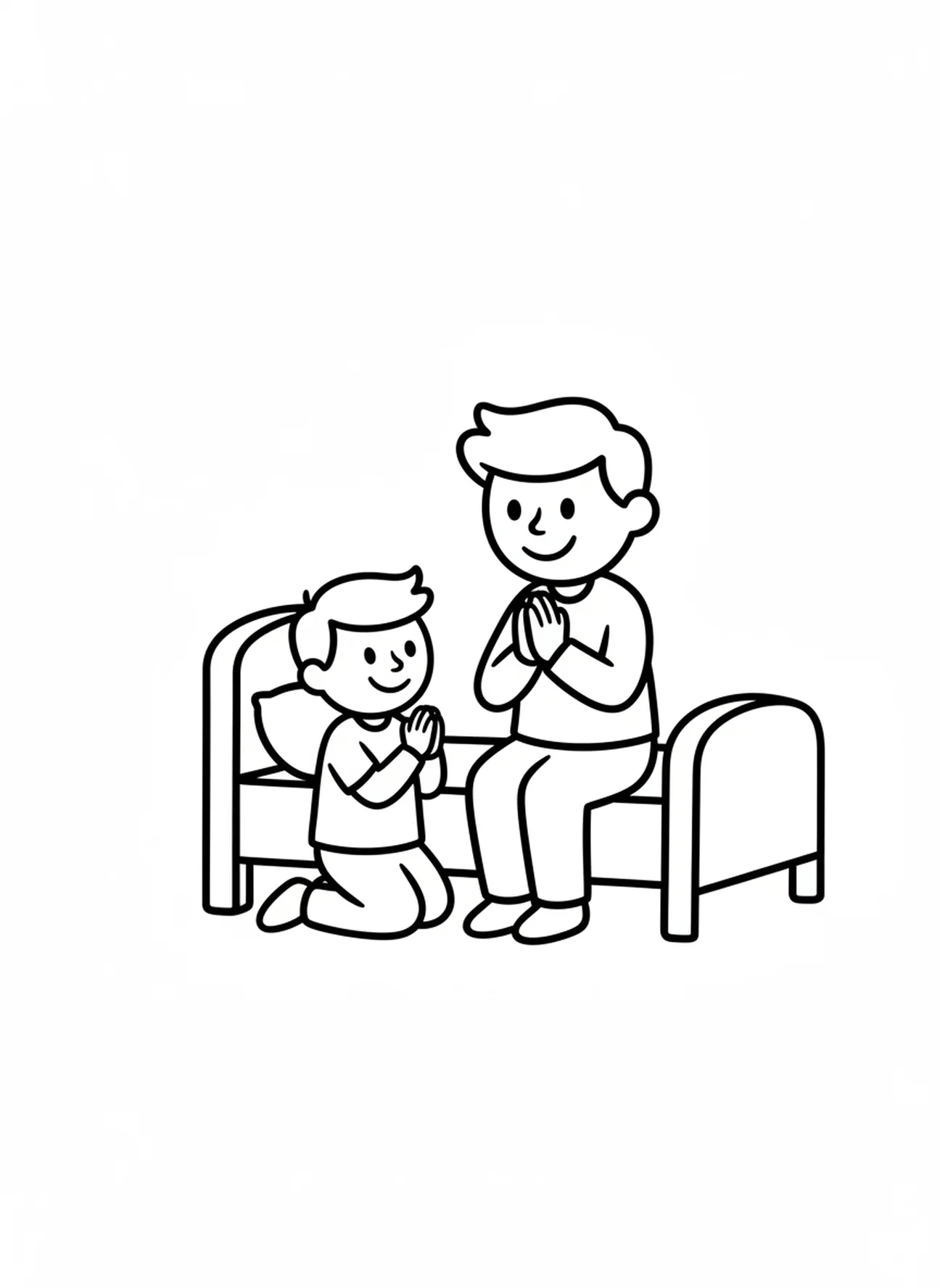 Lächelnder Elternteil und Kind, Ausmalbild zum Gebet vor dem Schlafengehen für Vorschulkinder im Alter von 3-5 Jahren