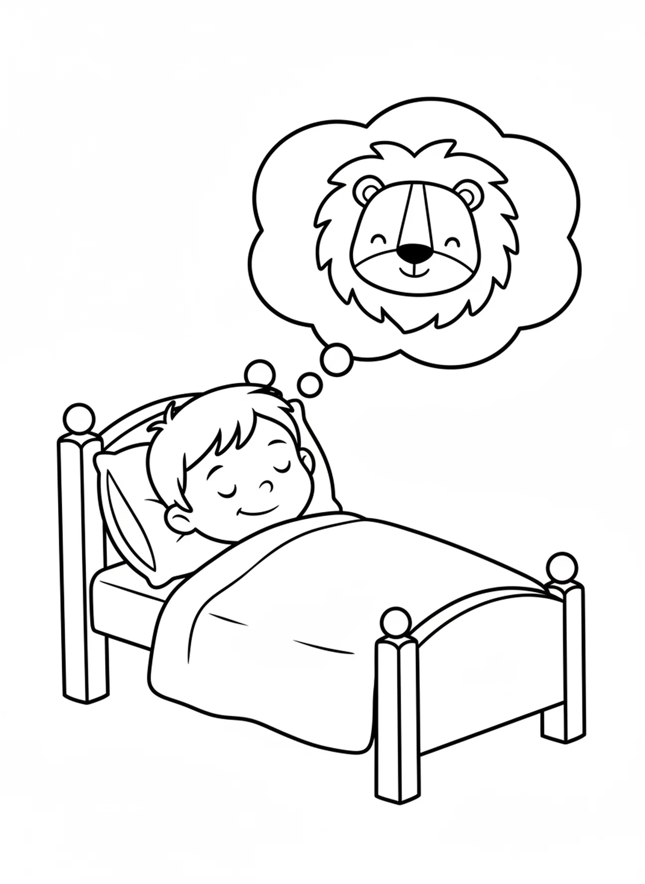 Lächelndes schlafendes Kind, Ausmalbild zum Beten vor dem Schlafengehen für Vorschulkinder im Alter von 3-5 Jahren