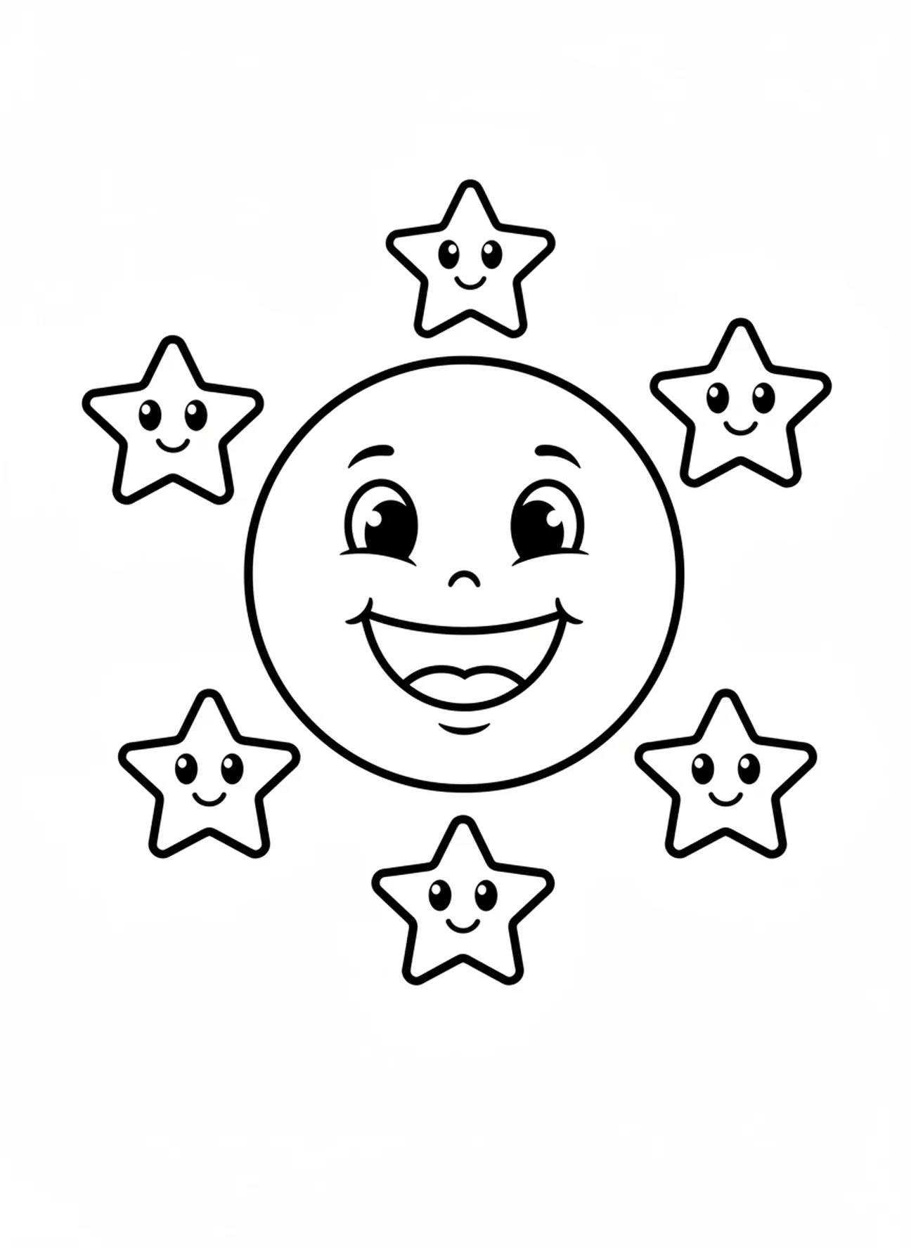 Lächelnder Mond und Sterne, Ausmalbild zum Gebet vor dem Schlafengehen für Vorschulkinder im Alter von 3-5 Jahren