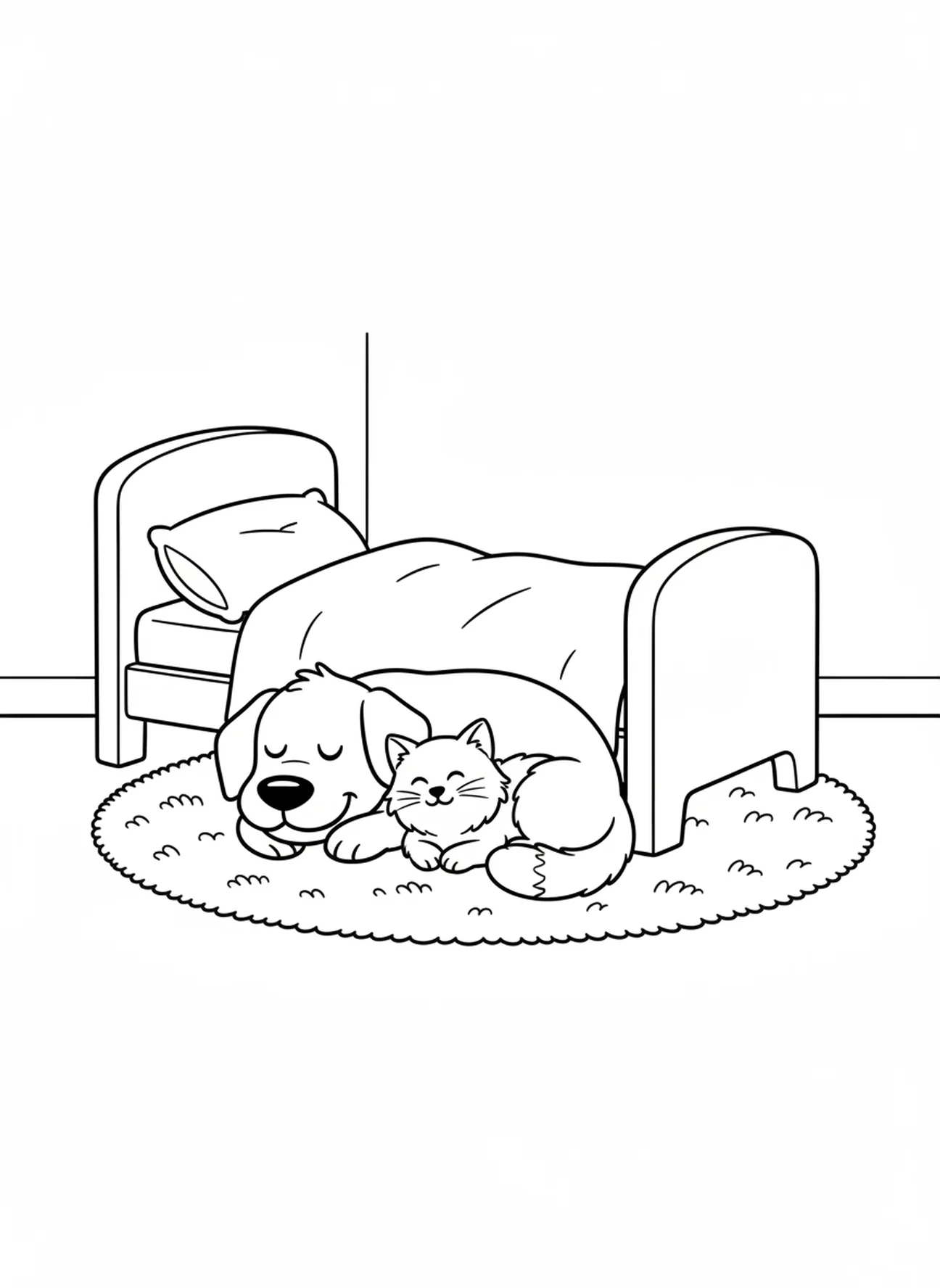 Lächelnder Hund und Katze, Beten vor dem Schlafengehen Ausmalbild für Vorschulkinder im Alter von 3-5 Jahren