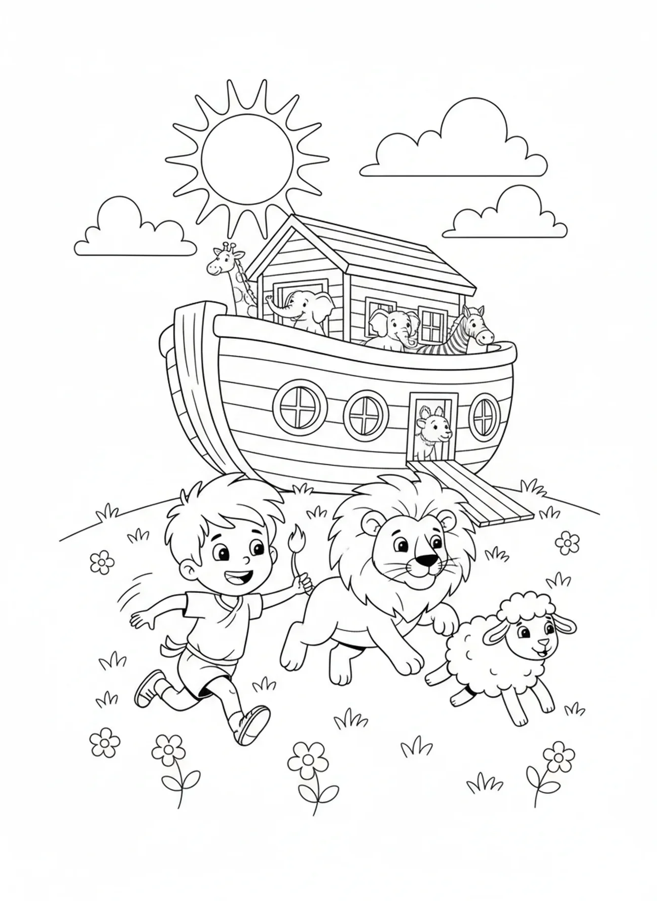 Garçon jouant avec des animaux, page à colorier Garçon en prière pour enfants de 5 à 10 ans