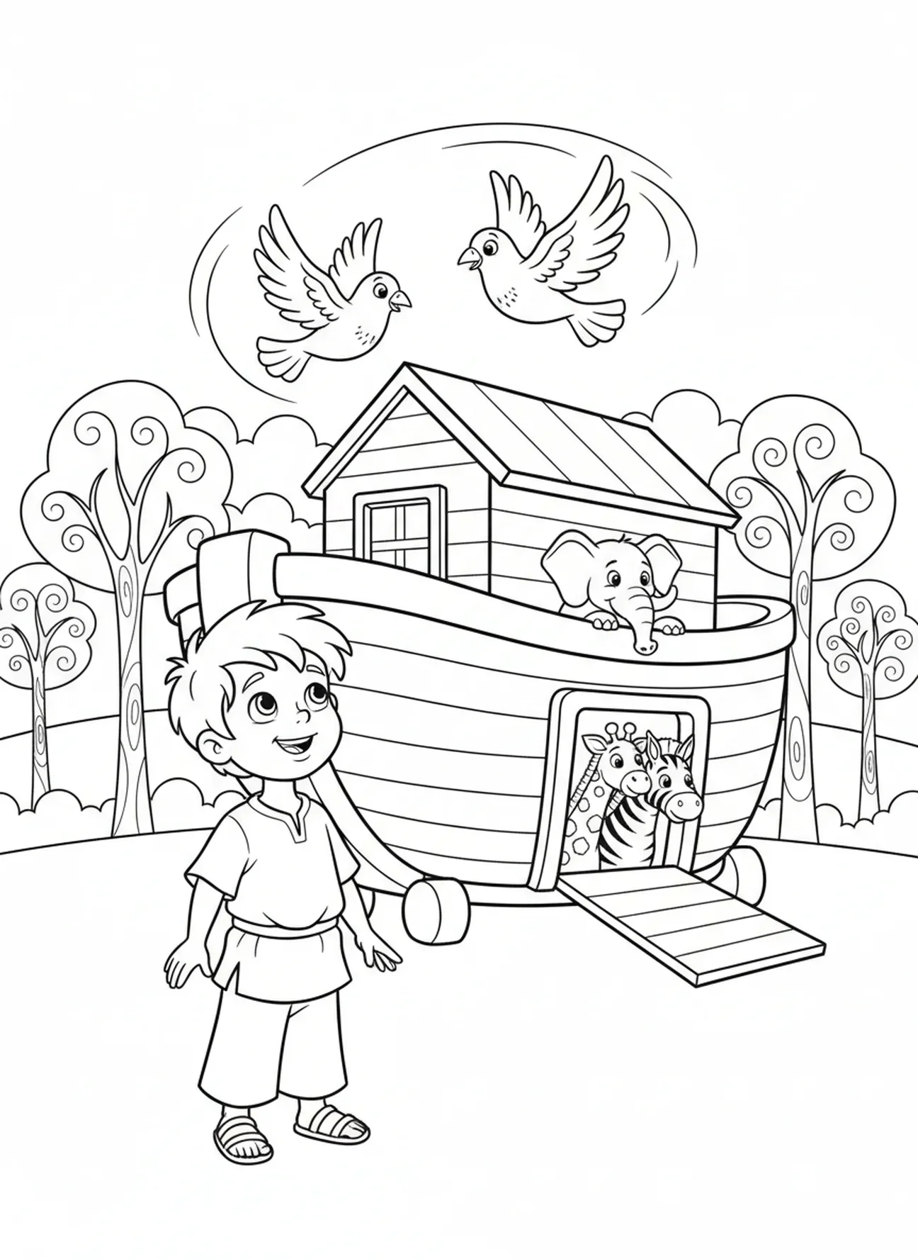Garçon observant des oiseaux, page à colorier de Garçon en prière pour enfants de 5 à 10 ans