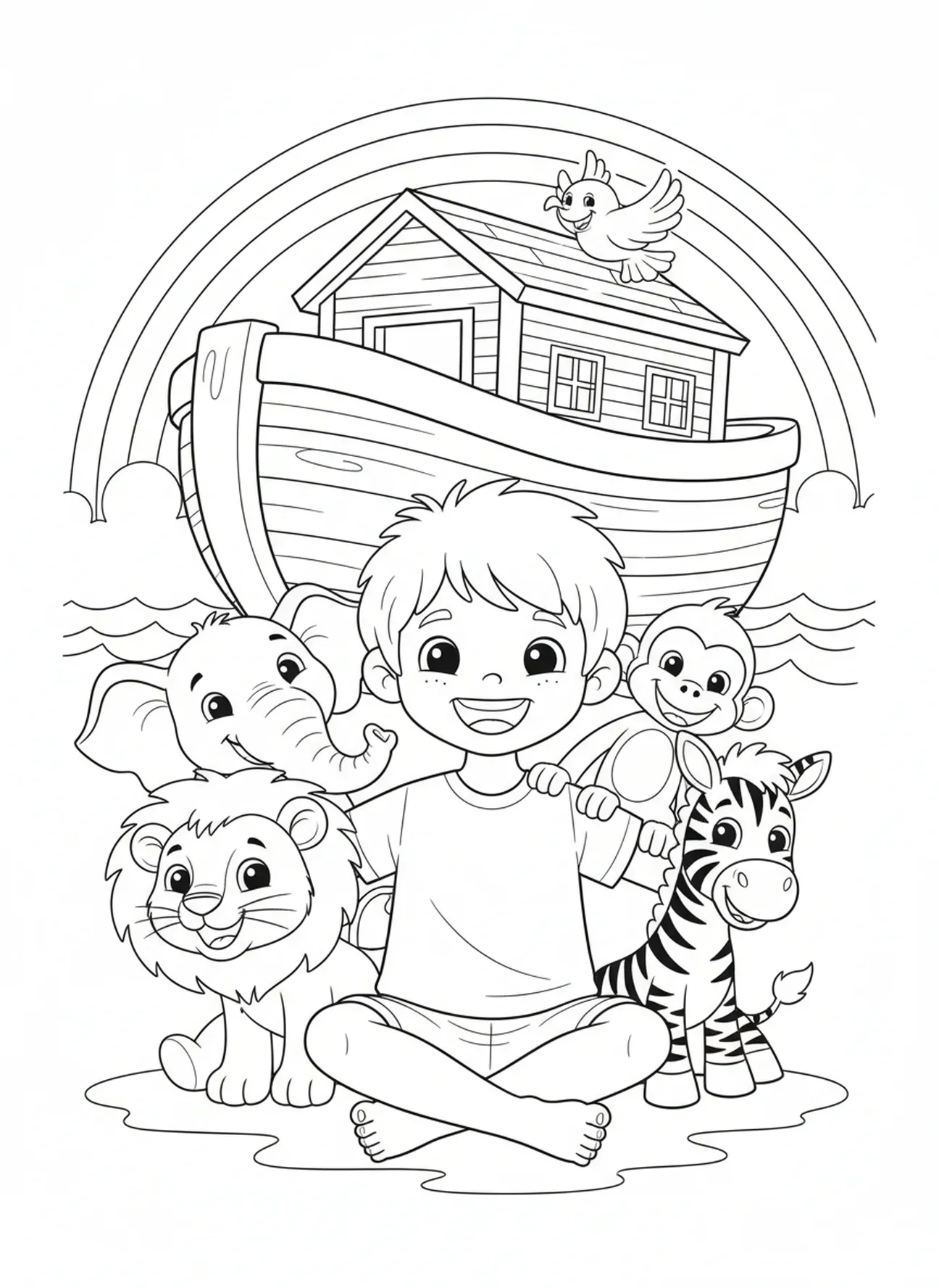 Garçon avec des amis animaux, page à colorier de Garçon en prière pour enfants de 5 à 10 ans