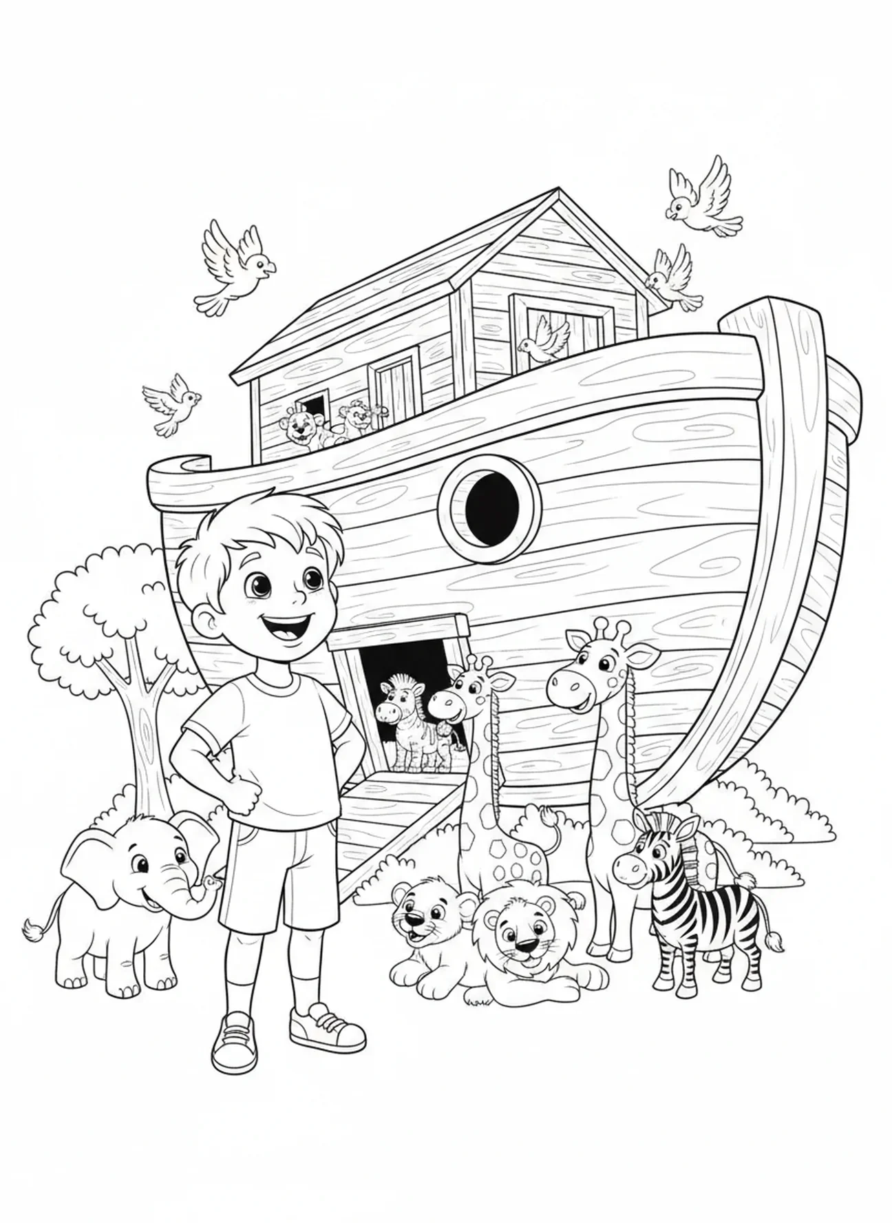Garçon à côté de l'arche en bois, page à colorier Garçon en prière pour enfants de 5 à 10 ans