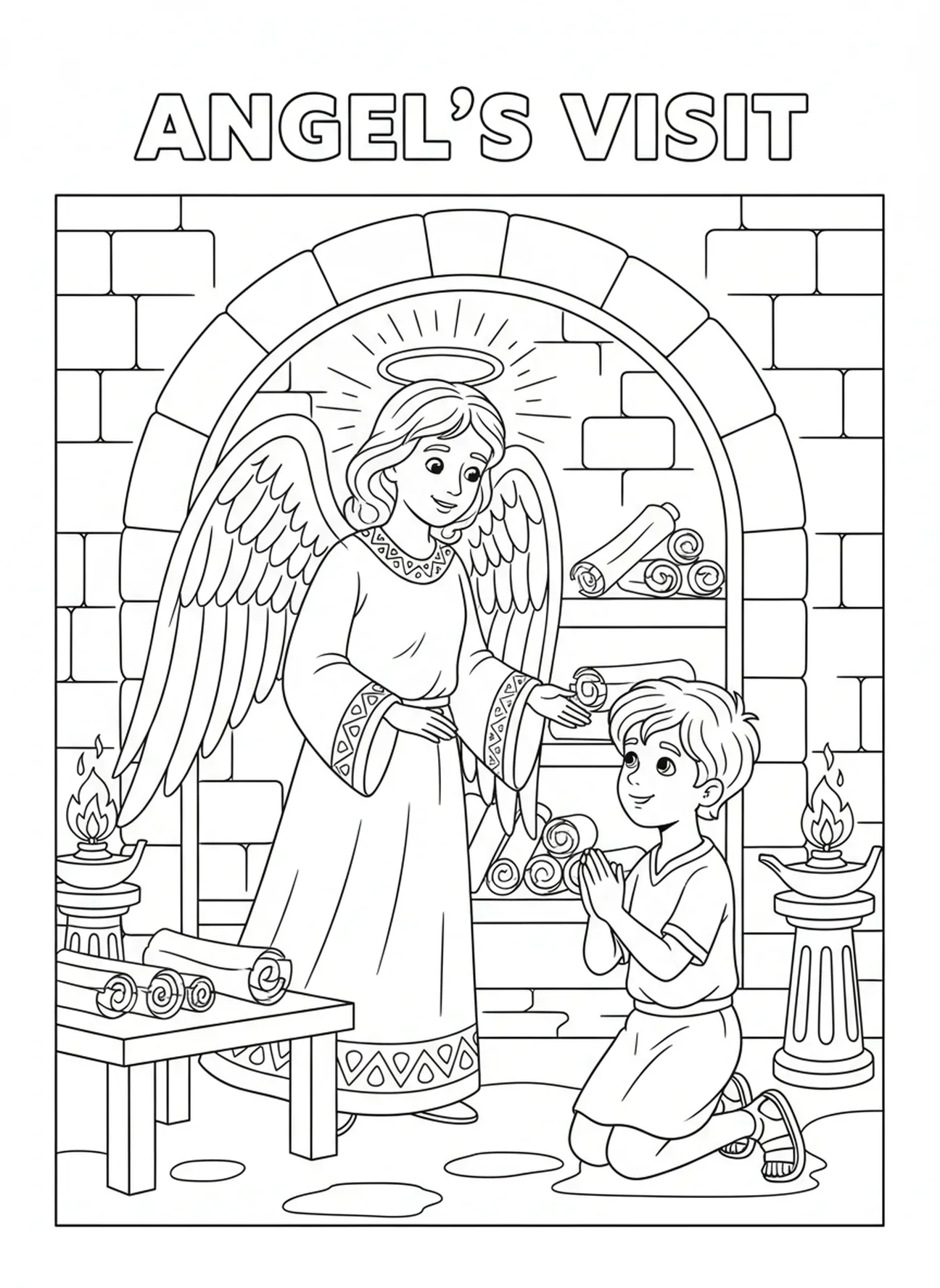 Ange visitant un garçon, page à colorier de Garçon en prière pour les enfants de l'École du dimanche âgés de 5 à 12 ans.