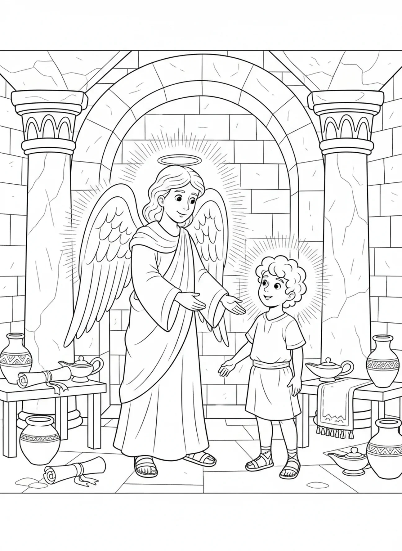 Un ange bénissant un garçon, page à colorier pour les enfants de l'École du dimanche âgés de 5 à 12 ans.