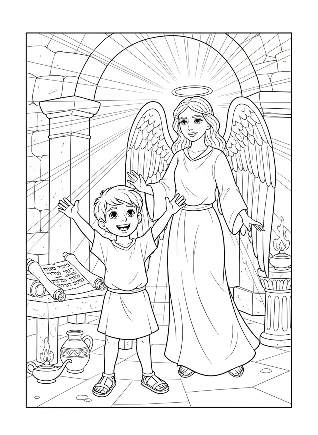 Garçon joyeux avec un ange, page à colorier de Garçon en prière pour les enfants de l'École du dimanche âgés de 5 à 12 ans.