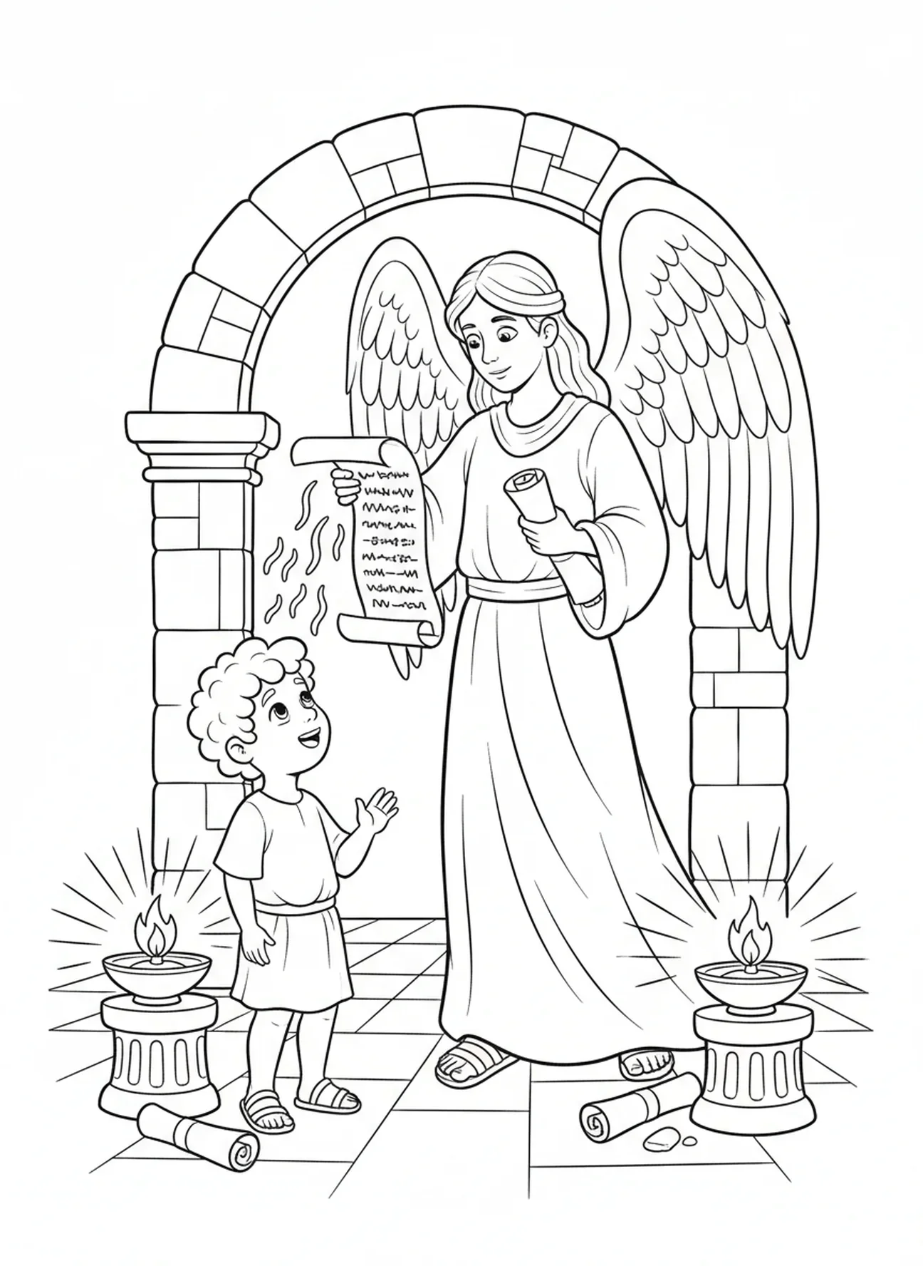 Garçon écoutant un ange, page à colorier Garçon en prière pour les enfants de catéchisme âgés de 5 à 12 ans.