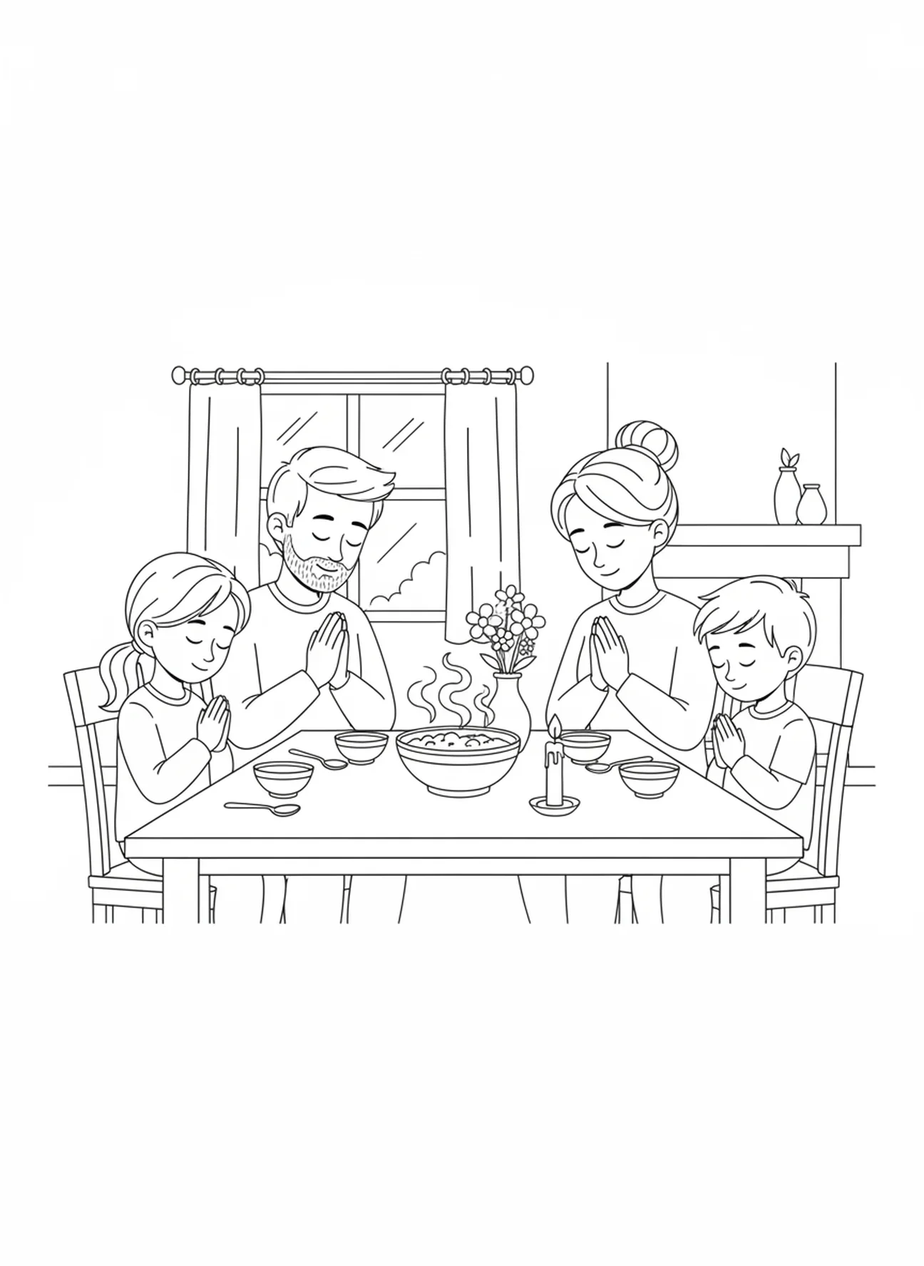 Família de quatro, página para colorir da Criança Orando para crianças de 5 a 10 anos.