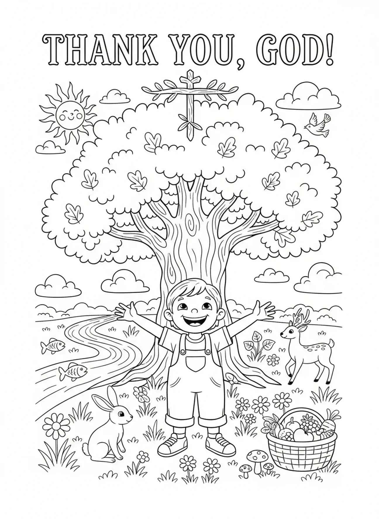 Criança com as mãos em agradecimento, página de colorir Criança Orando para crianças de 5 a 10 anos.