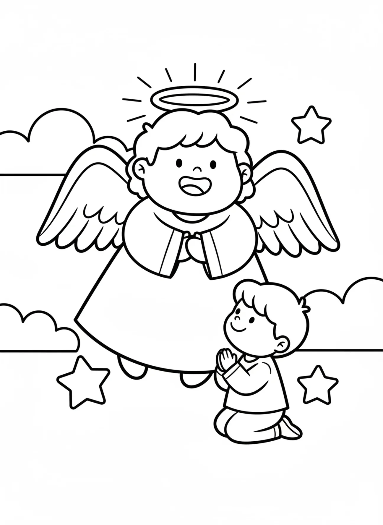 Freundlicher Engel mit Flügeln, Ausmalbild eines betenden Kindes für Vorschulkinder im Alter von 3-5 Jahren