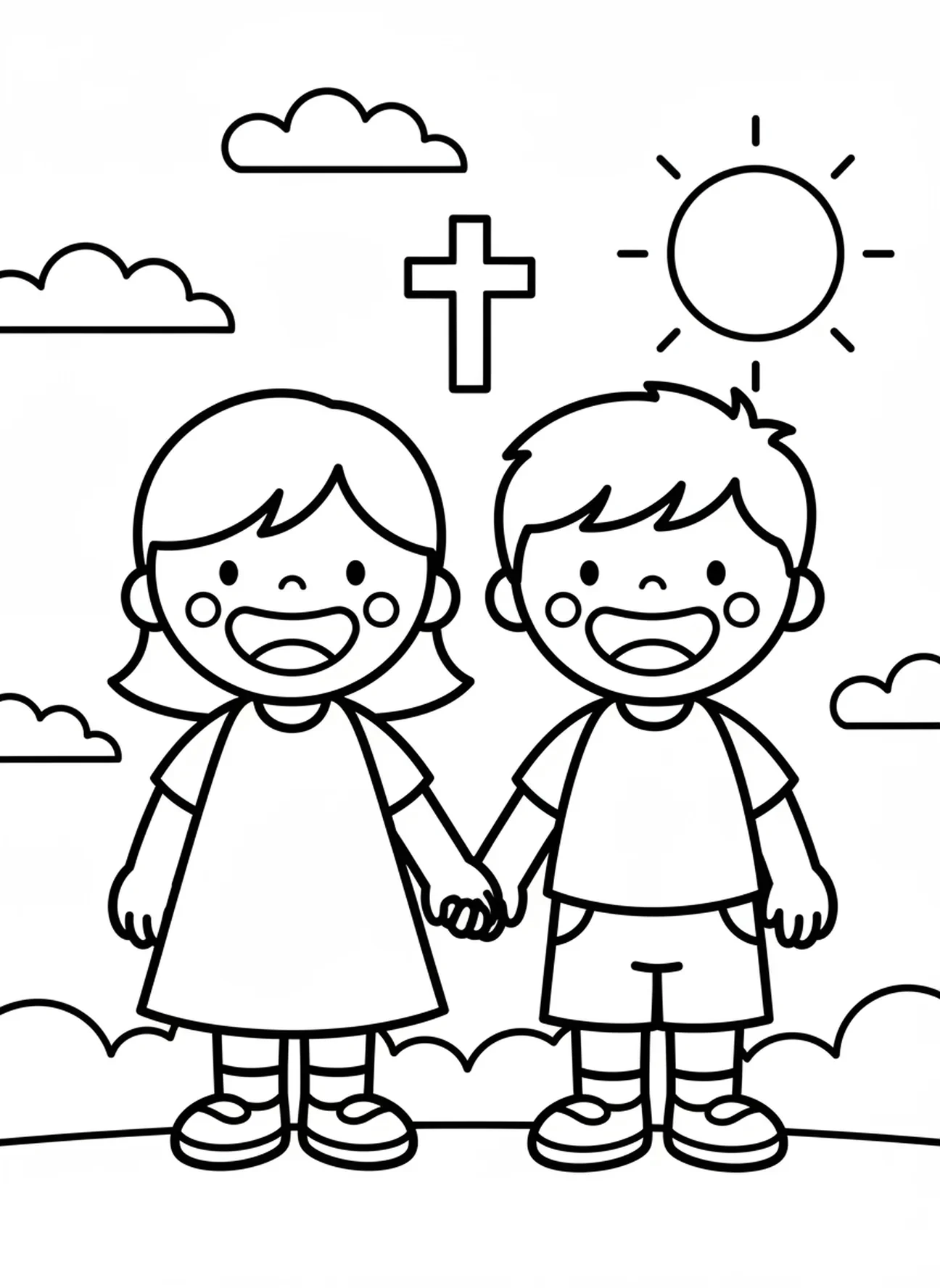 Kind, das mit einem Freund betet, Ausmalbild für betende Kinder im Vorschulalter 3-5 Jahre