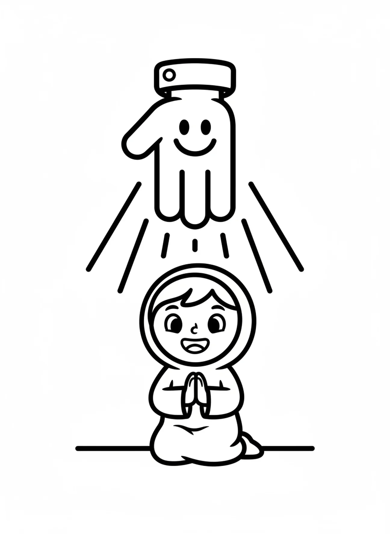 Gottes Hand segnet Kind, Ausmalbild für betende Kinder im Vorschulalter 3-5 Jahre