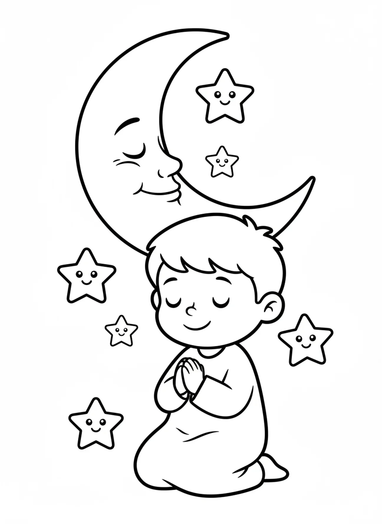 Kind betet unter dem Mond, Ausmalbild für betende Kinder im Vorschulalter 3-5 Jahre