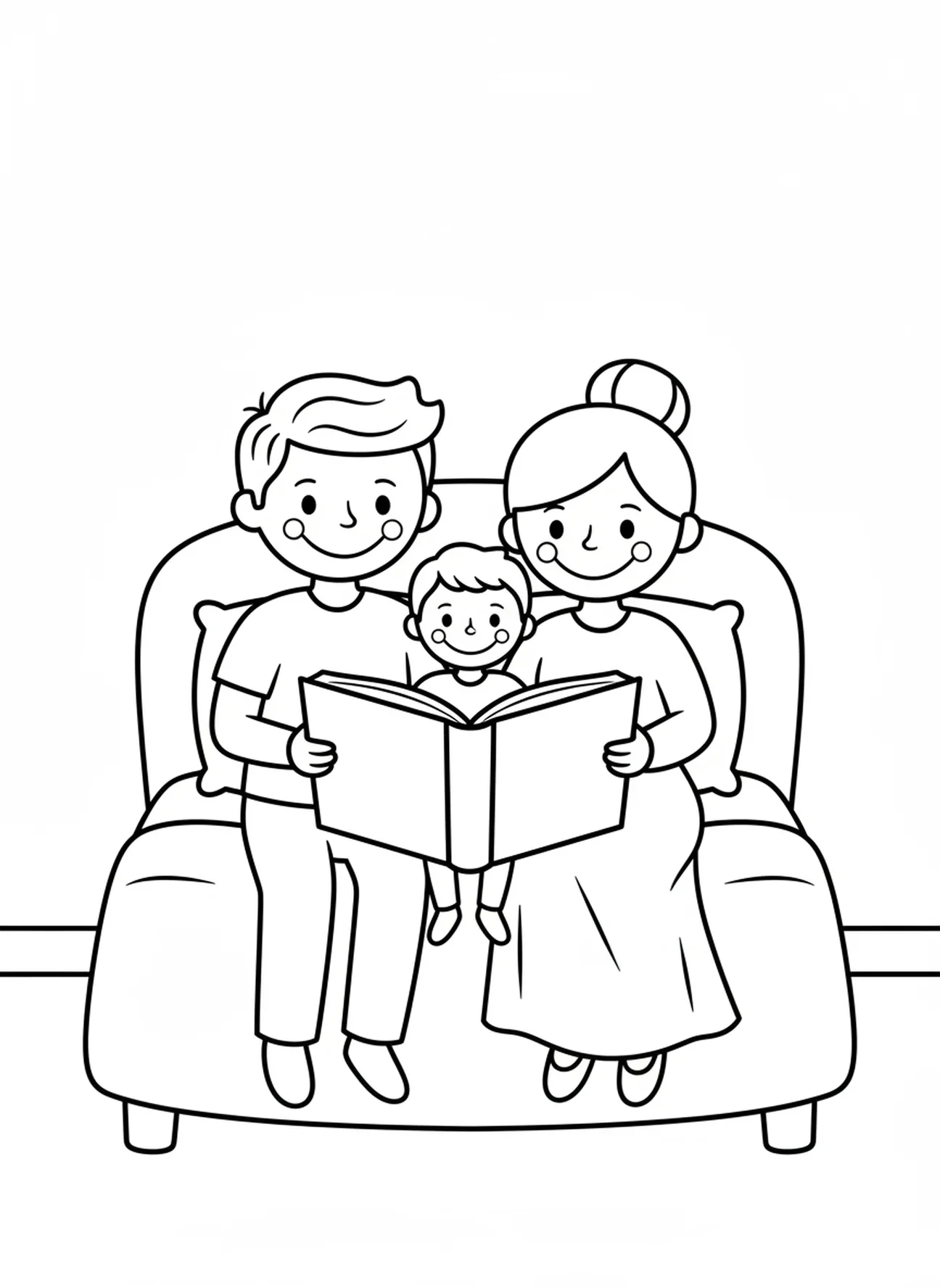Famille souriante au coucher, page à colorier de la famille en prière pour les enfants d'âge préscolaire de 3 à 5 ans.