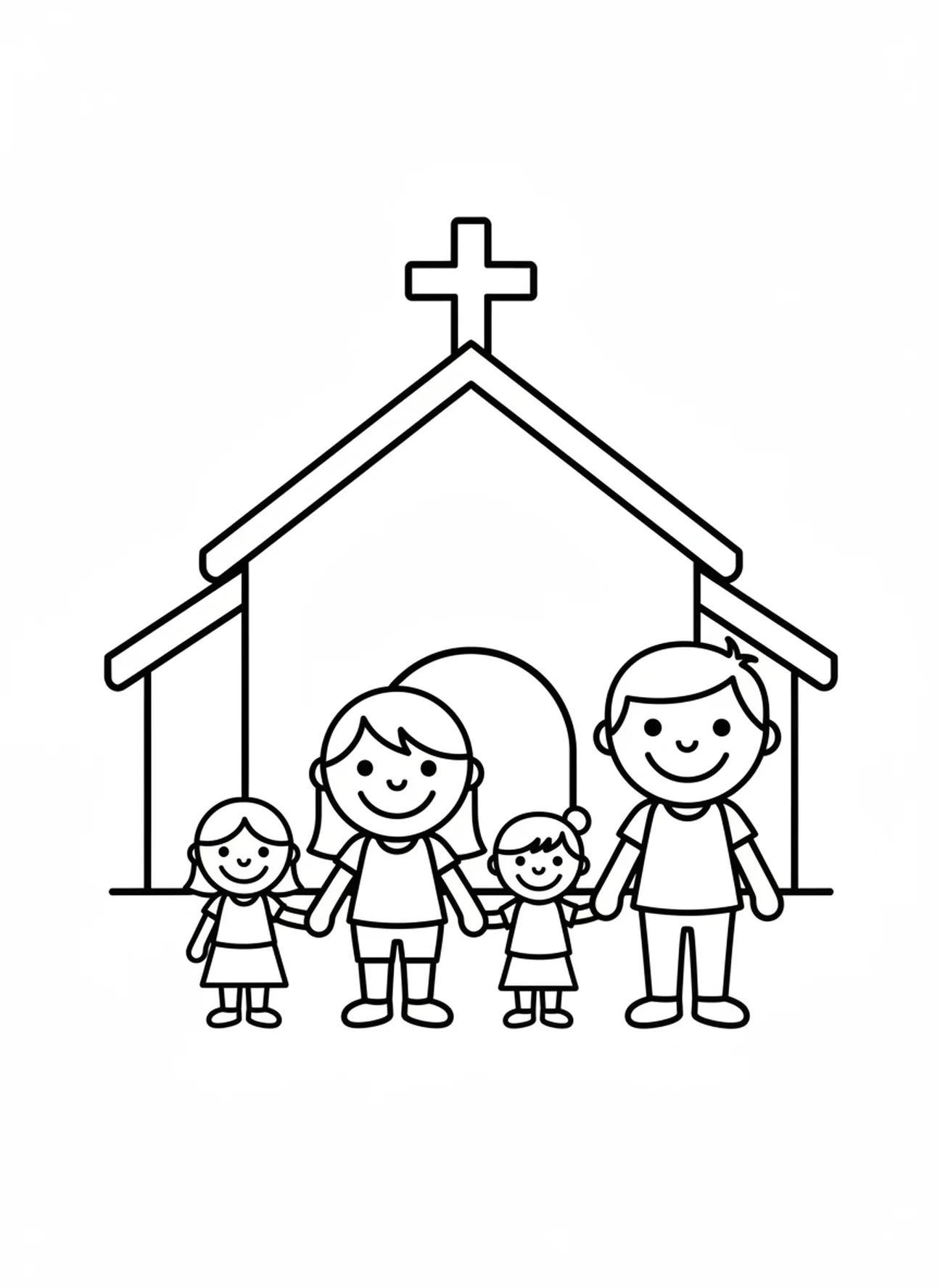 Famille souriante à l'église, page à colorier Famille en prière pour les préscolaires de 3 à 5 ans.