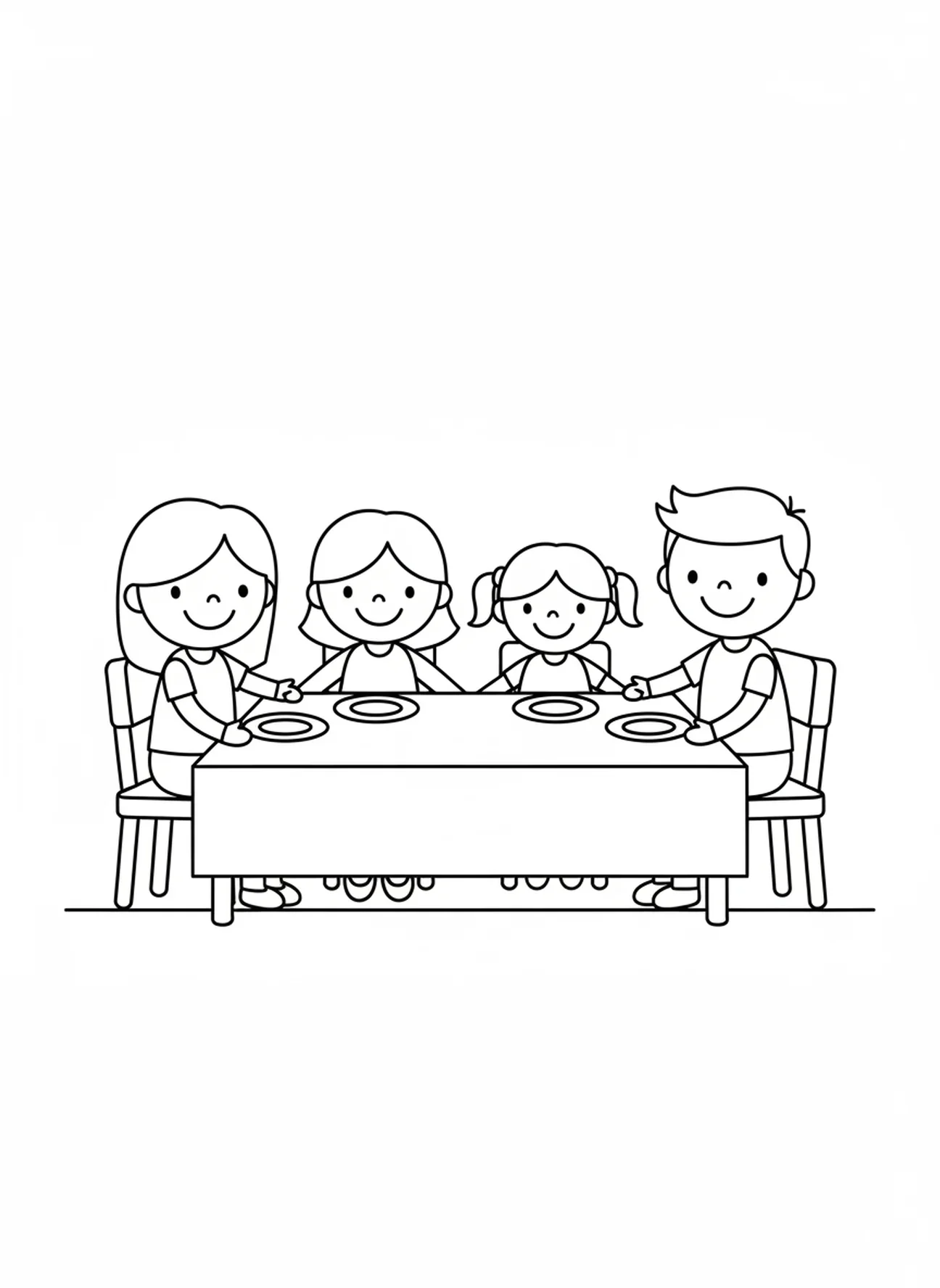 Famille souriante à table, page à colorier de la famille en prière pour les enfants d'âge préscolaire de 3 à 5 ans.