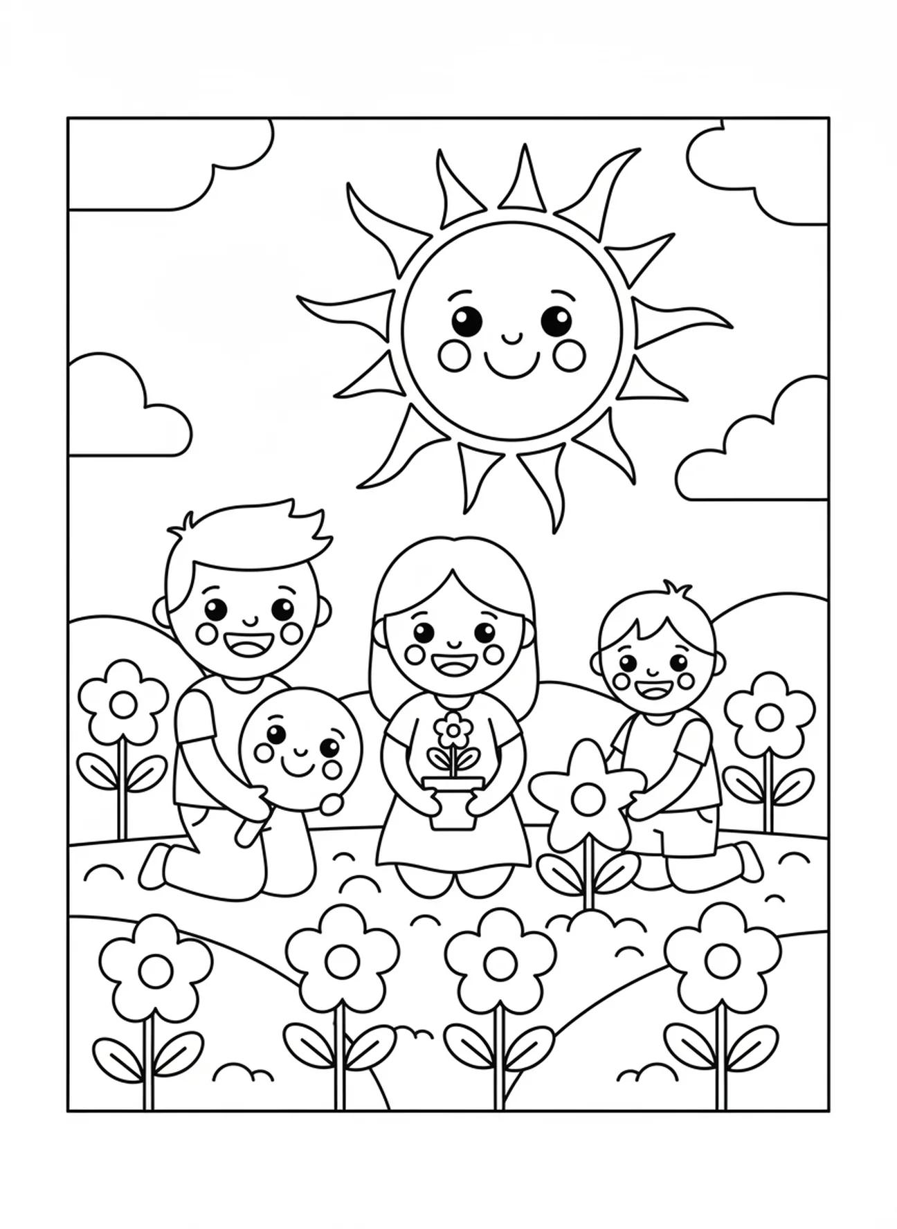 Famille souriante dans le jardin, page à colorier de la famille en prière pour les enfants d'âge préscolaire de 3 à 5 ans.