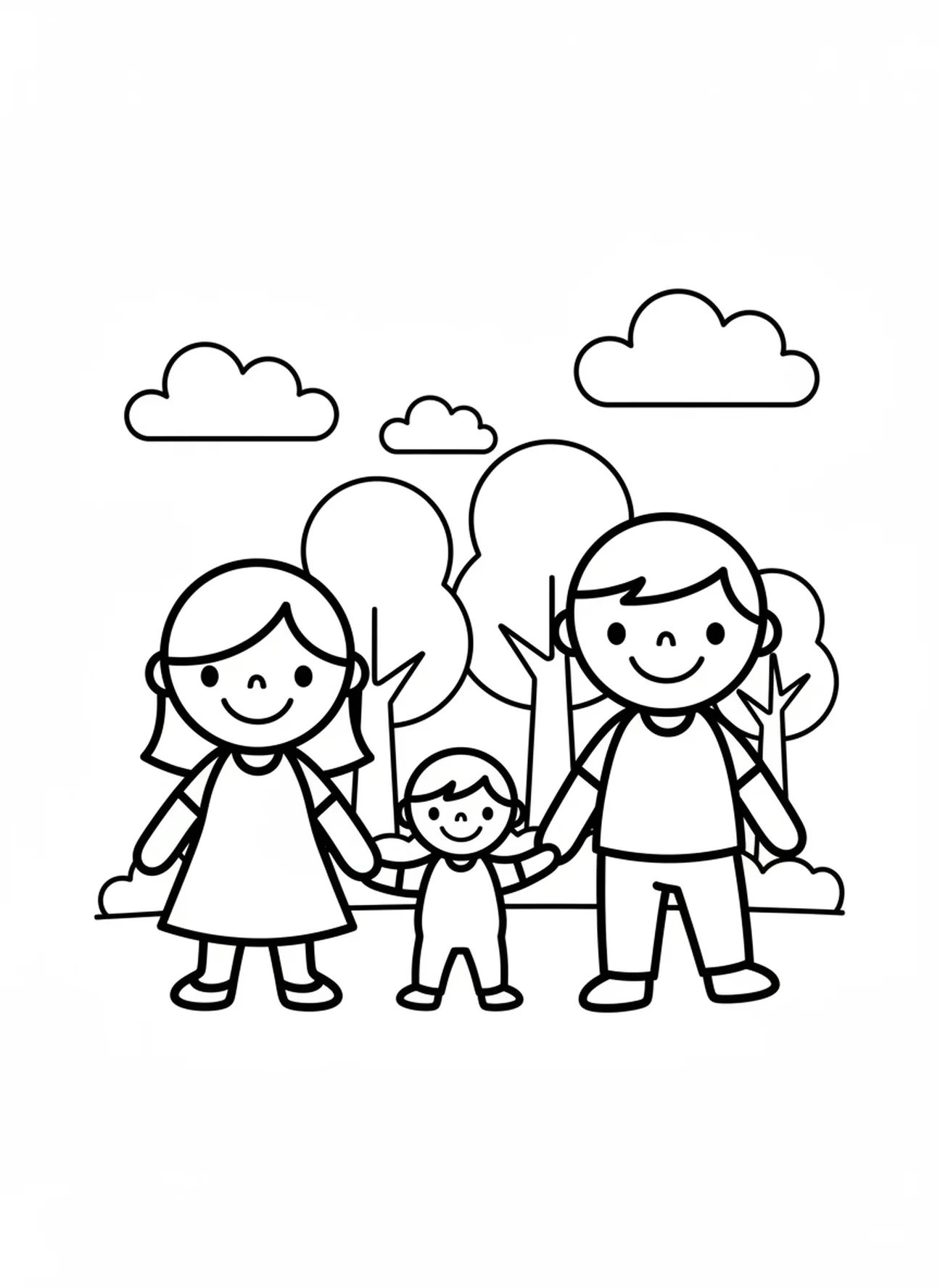 Famille souriante marchant, page à colorier de la famille en prière pour les enfants d'âge préscolaire de 3 à 5 ans.