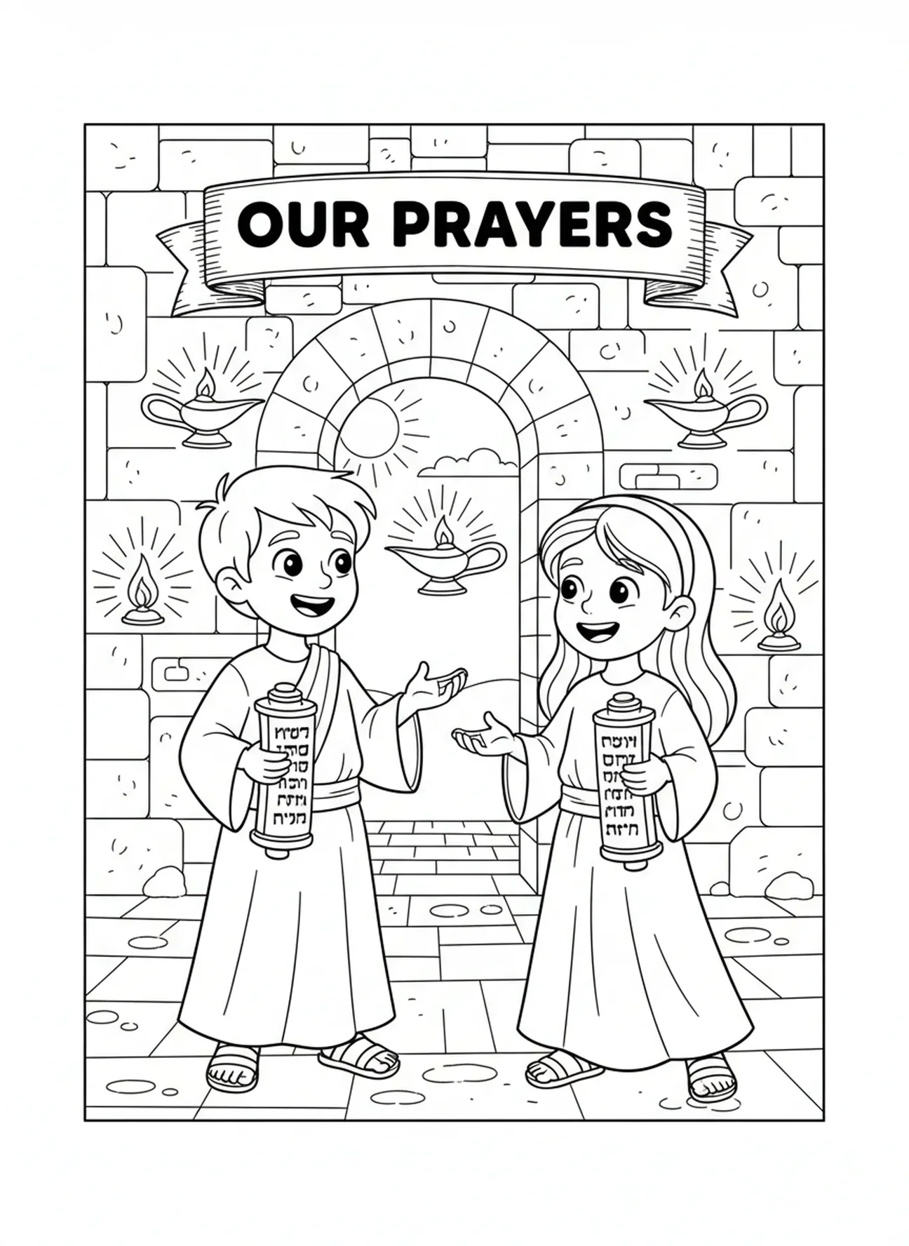 Kinder mit Schriftrollen, Ausmalbild für die Sonntagsschule für Kinder im Alter von 5-12 Jahren