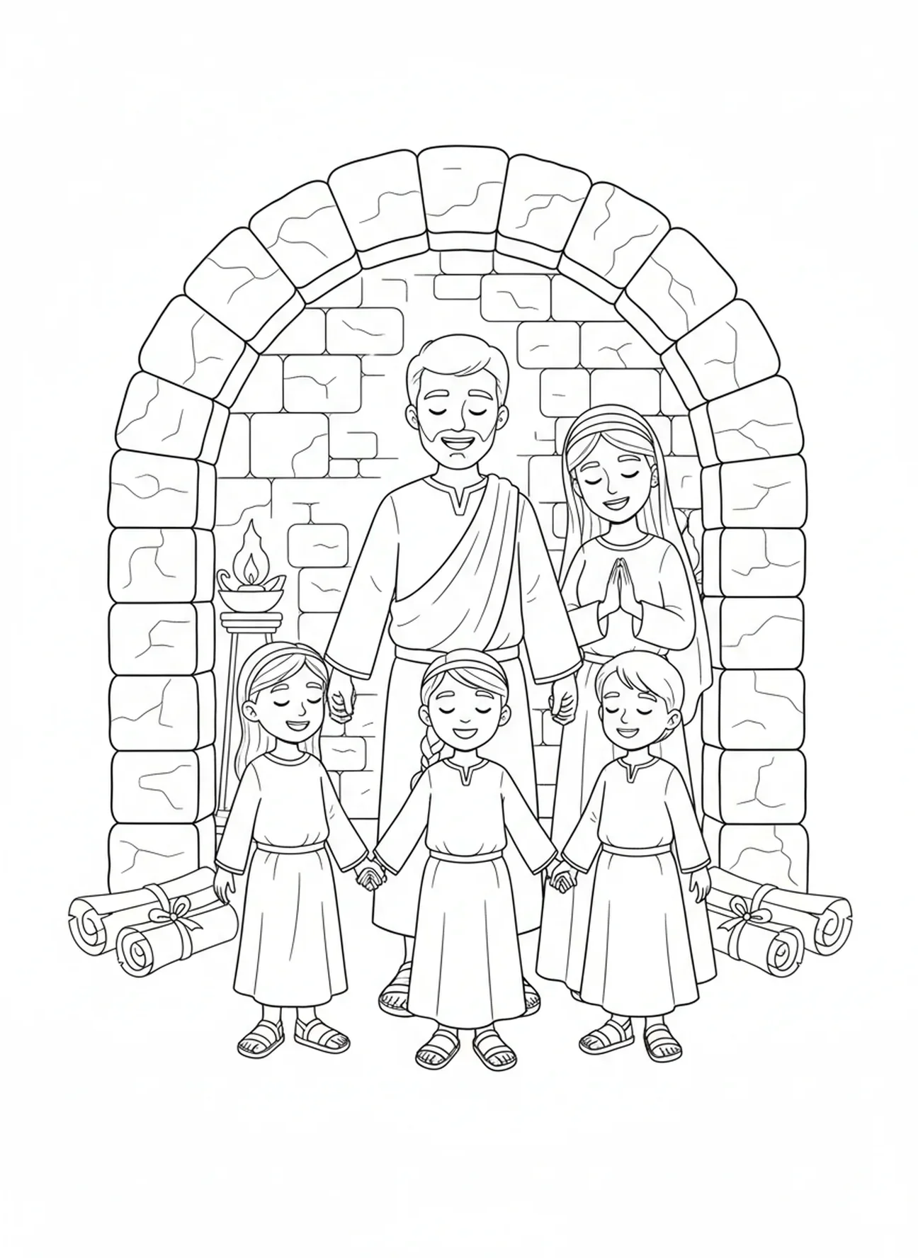 Familie hält sich im Gebet die Hände, Ausmalbild für die Sonntagsschule für Kinder im Alter von 5-12 Jahren