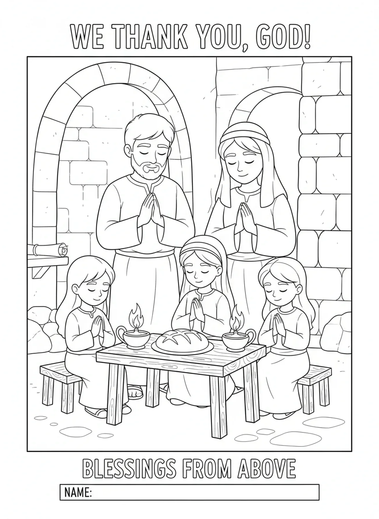 Familie versammelt im Dankgebet, Ausmalbild für Kinder im Religionsunterricht von 5-12 Jahren