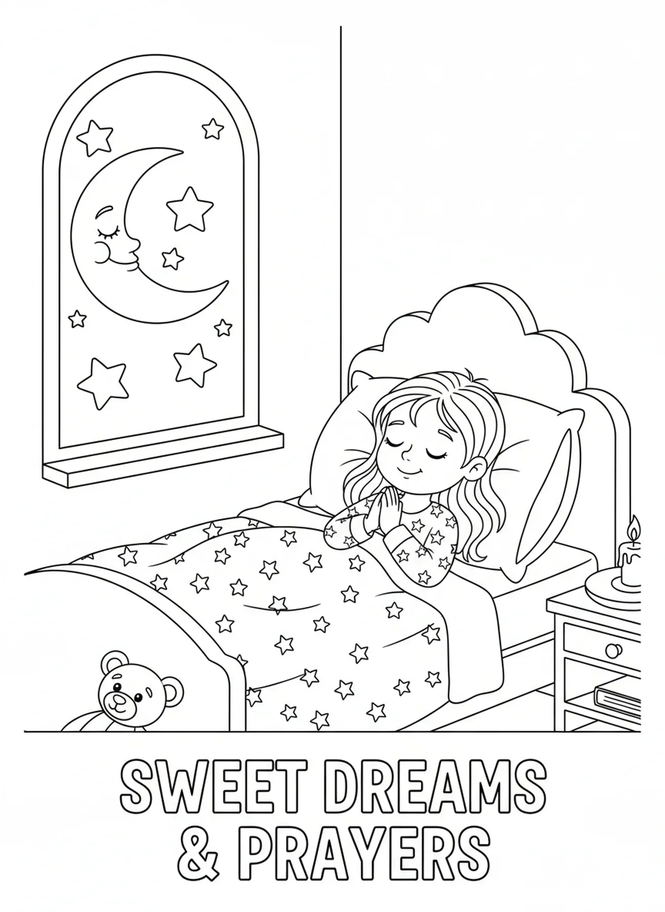 Mädchen betet im Bett, Ausmalbild für betende Mädchen im Alter von 5-10 Jahren