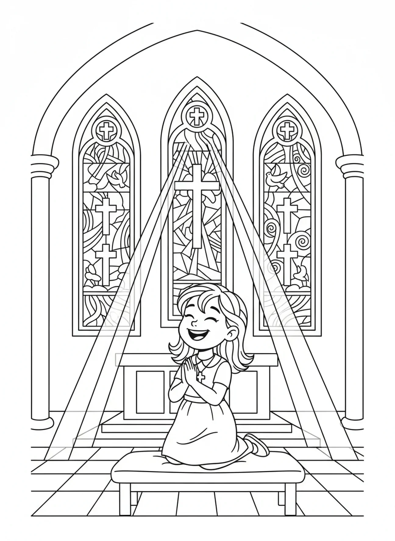 Betendes Mädchen in der Kirche, Ausmalbild für Kinder im Alter von 5-10 Jahren