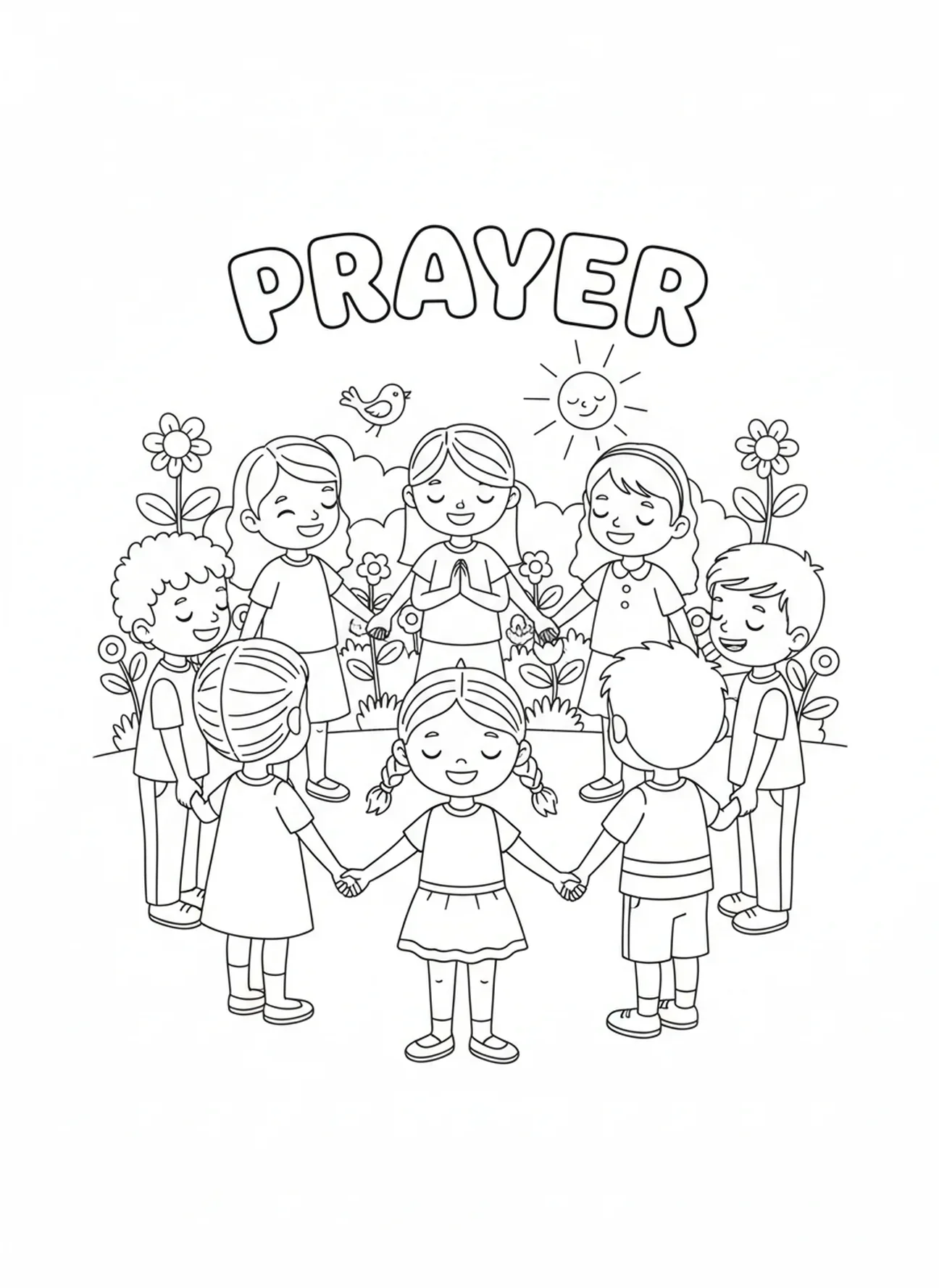 Gruppe von Kindern beim Beten, Ausmalbild für betende Mädchen im Alter von 5-10 Jahren