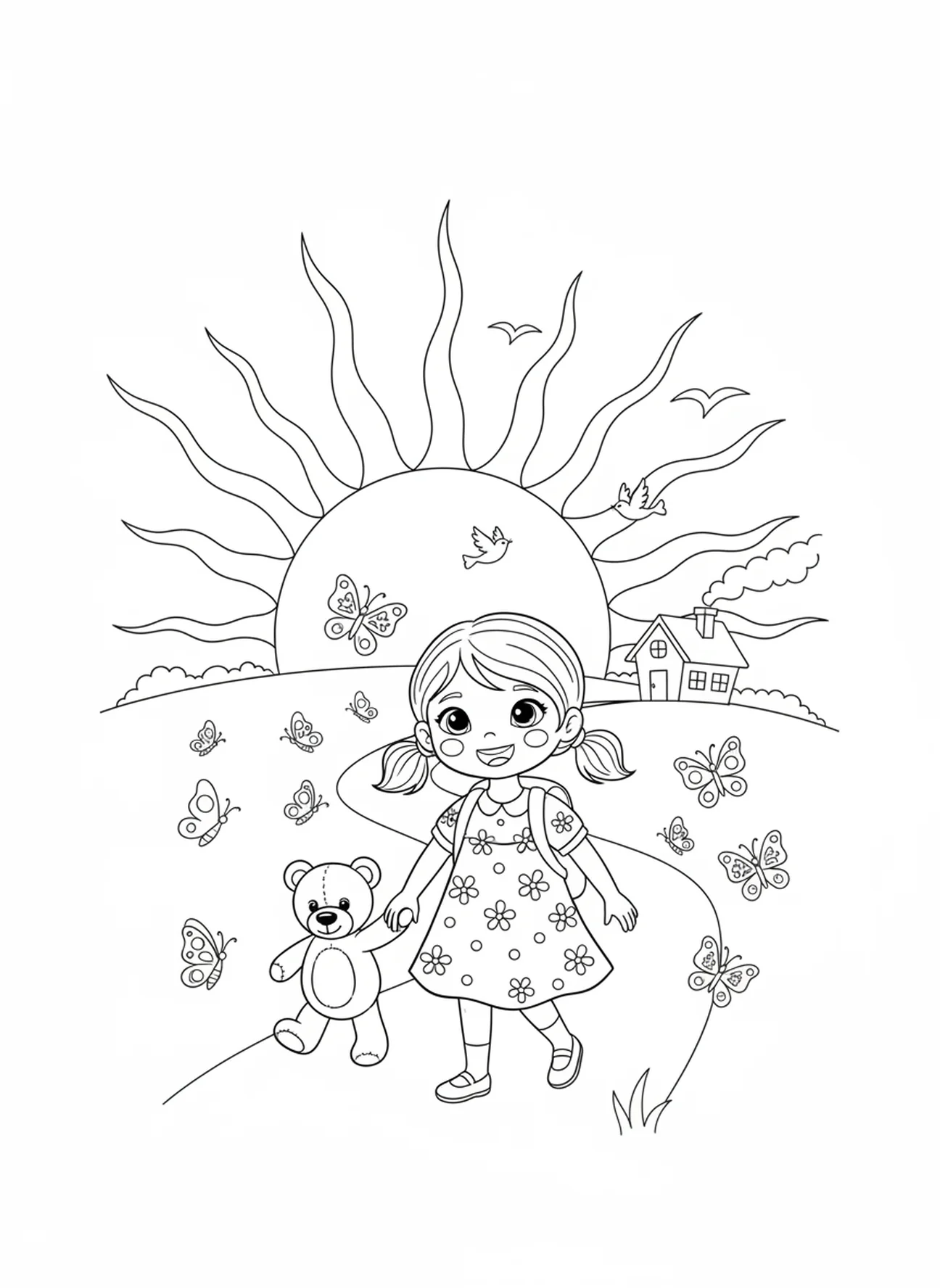 Lächelndes Mädchen auf dem Heimweg, Ausmalbild betendes Mädchen für Kinder im Alter von 5-10 Jahren