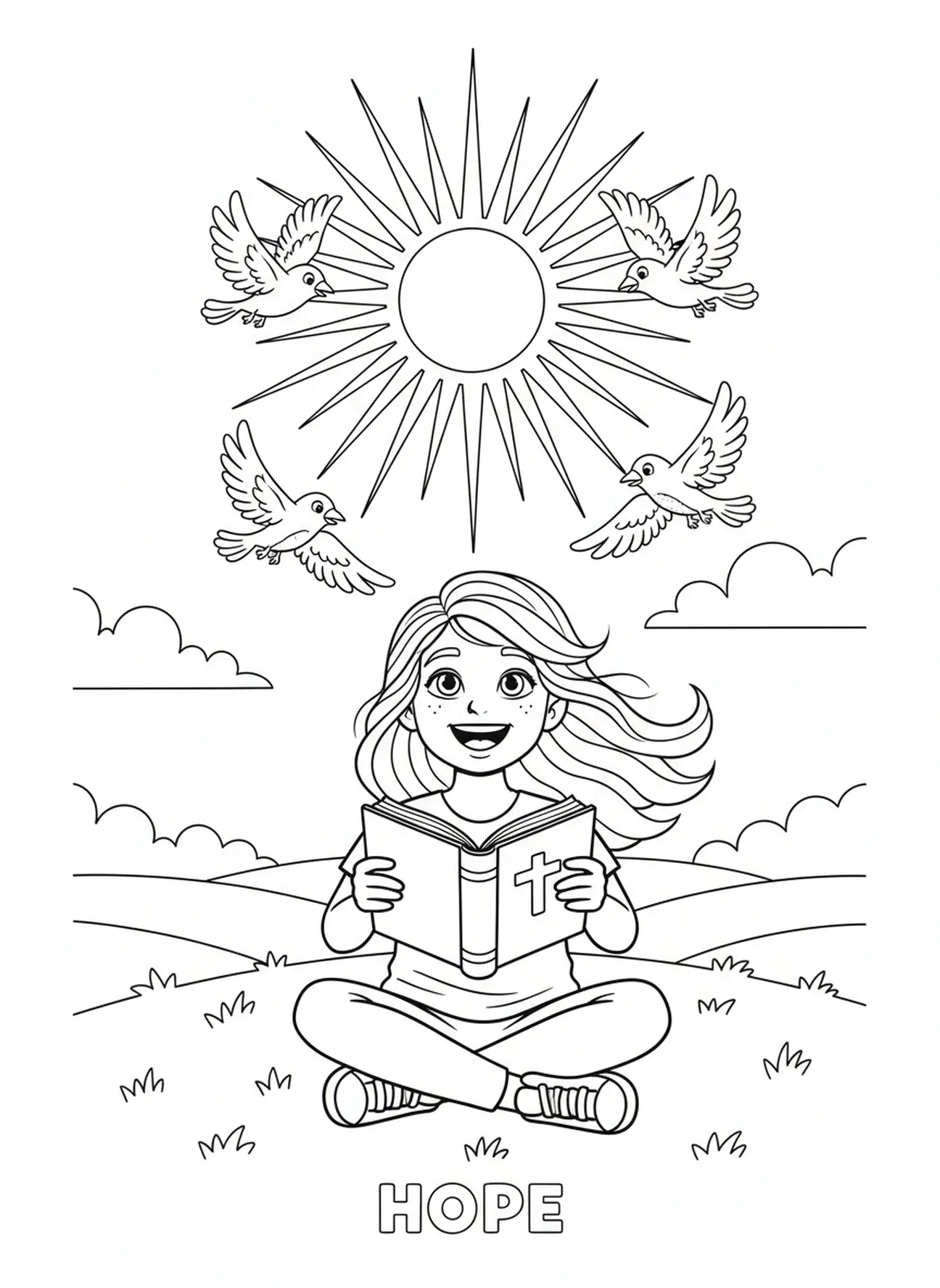 Mädchen mit Bibel, Ausmalbild für betende Mädchen im Alter von 5-10 Jahren