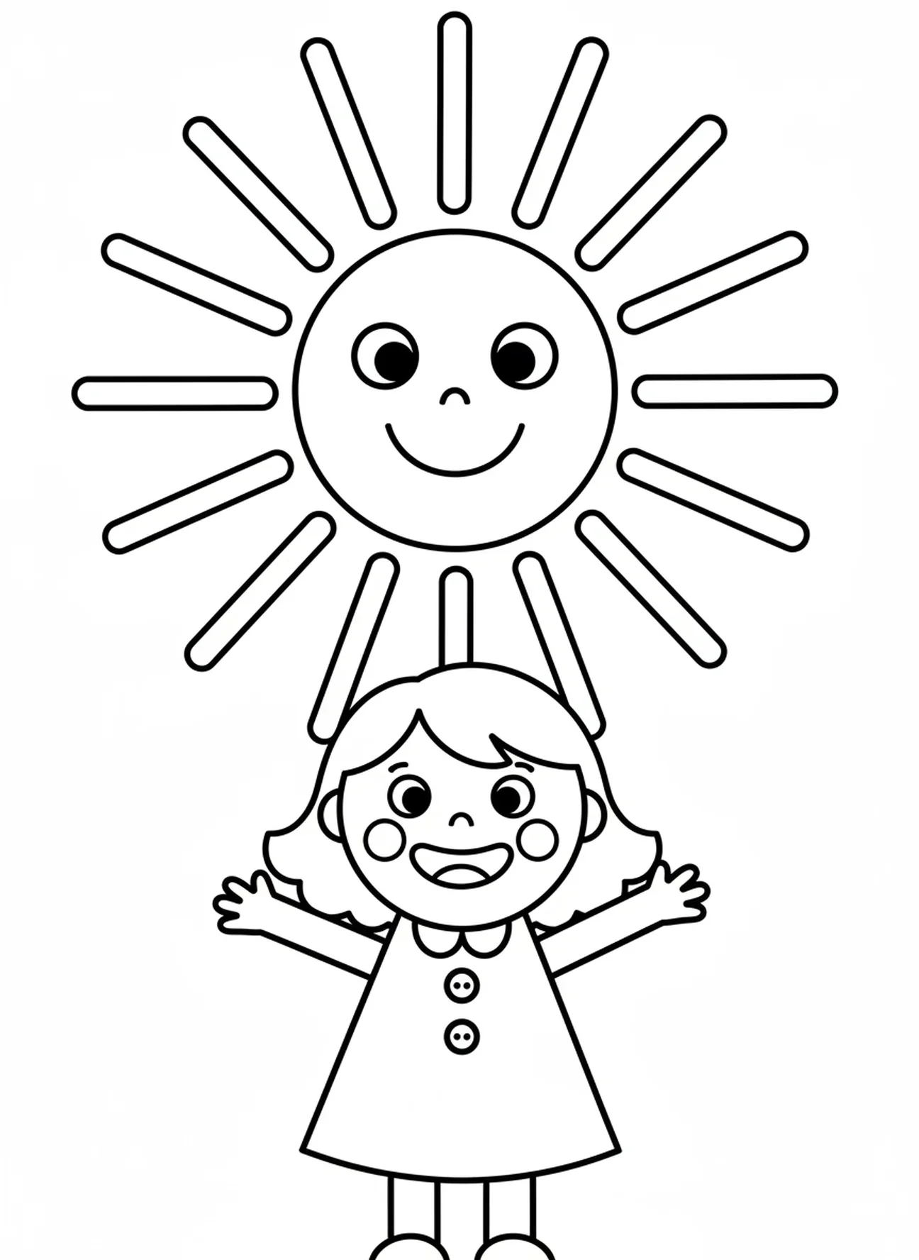 Fröhliches Mädchen unter einer großen Sonne, Ausmalbild für betende Mädchen im Vorschulalter von 3-5 Jahren.