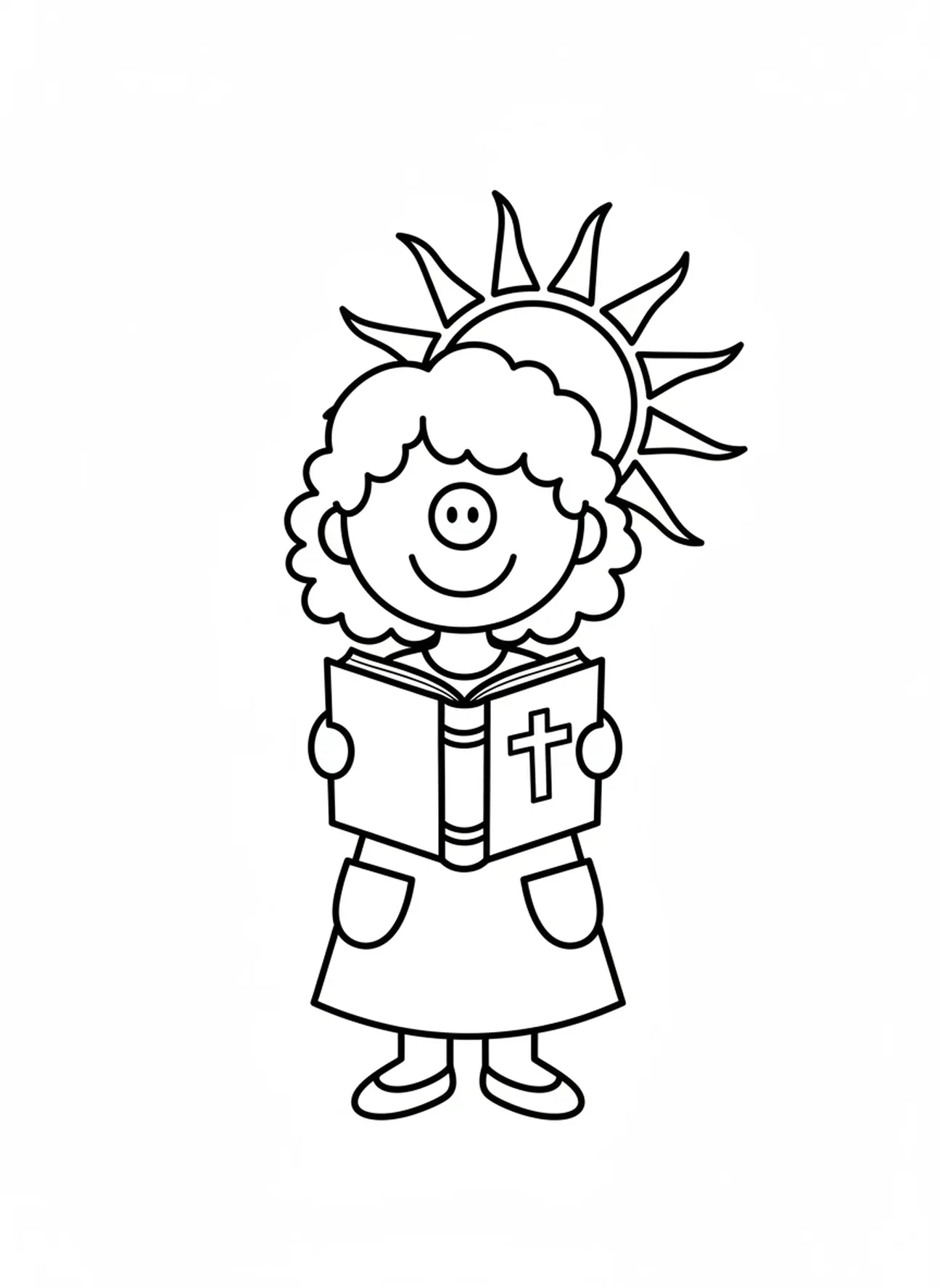 Fröhliches Mädchen mit einer Bibel, Ausmalbild für betende Mädchen im Vorschulalter von 3-5 Jahren.