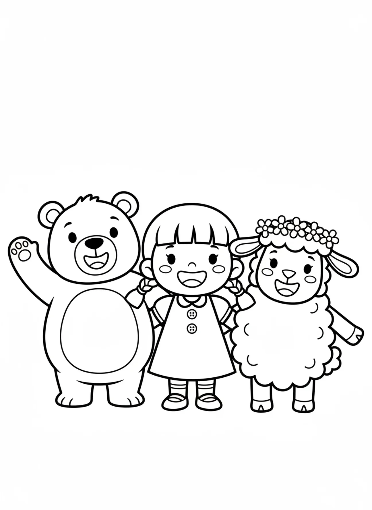 Lächelndes Mädchen mit zwei tierischen Freunden, Ausmalbild 'Betendes Mädchen' für Vorschulkinder im Alter von 3-5 Jahren.