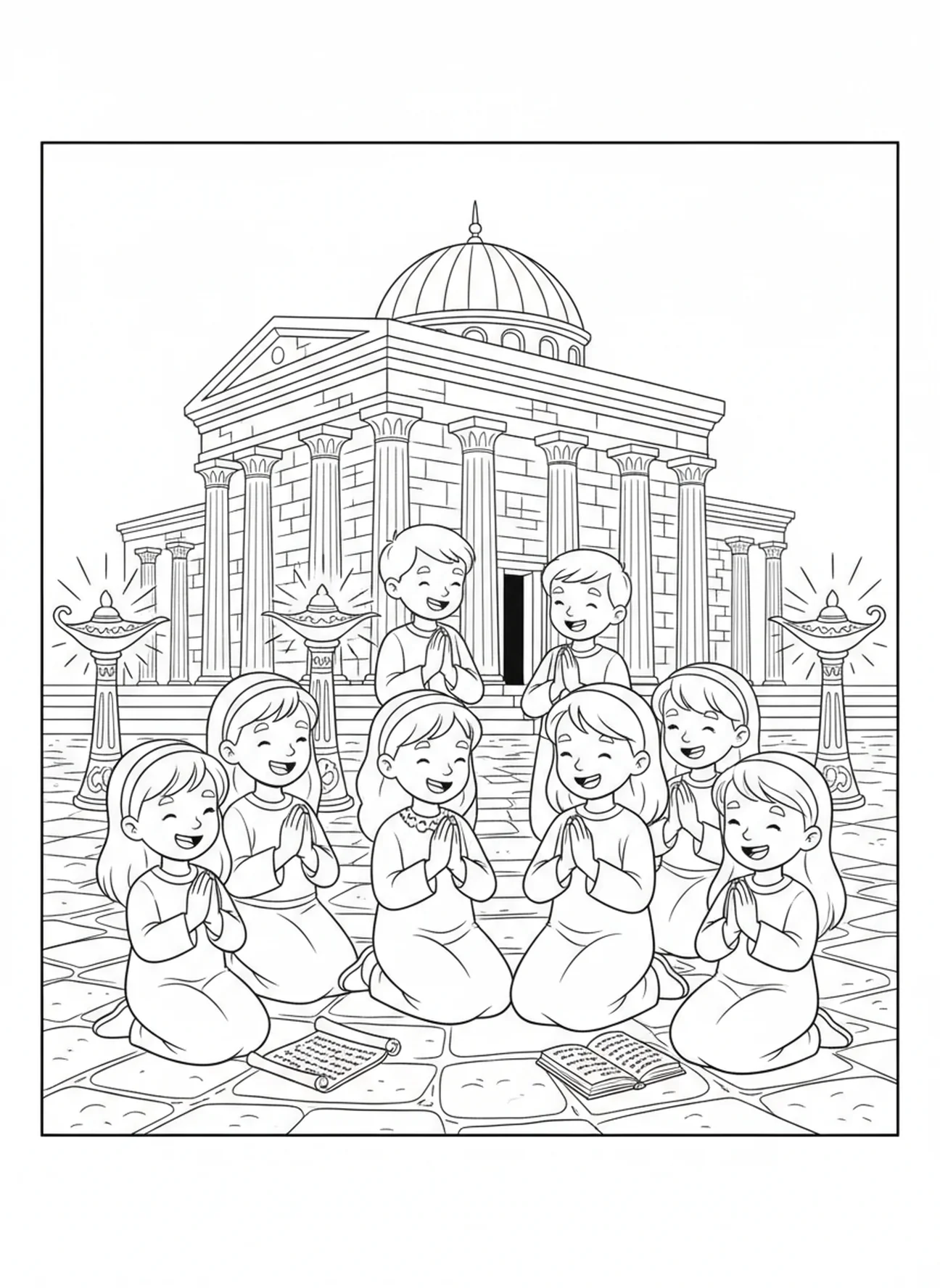 Grupo de crianças orando, página de colorir com mãos em oração para crianças da Escola Dominical de 5 a 12 anos.