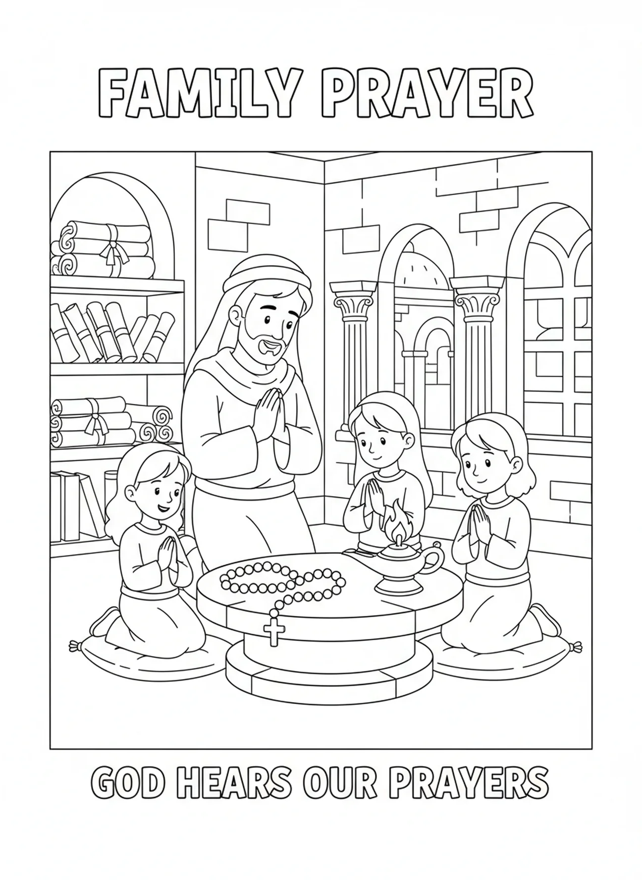 Família em cartoon orando junta, página de colorir com as Mãos em Oração e Rosário para crianças da Escola Dominical de 5 a 12 anos.