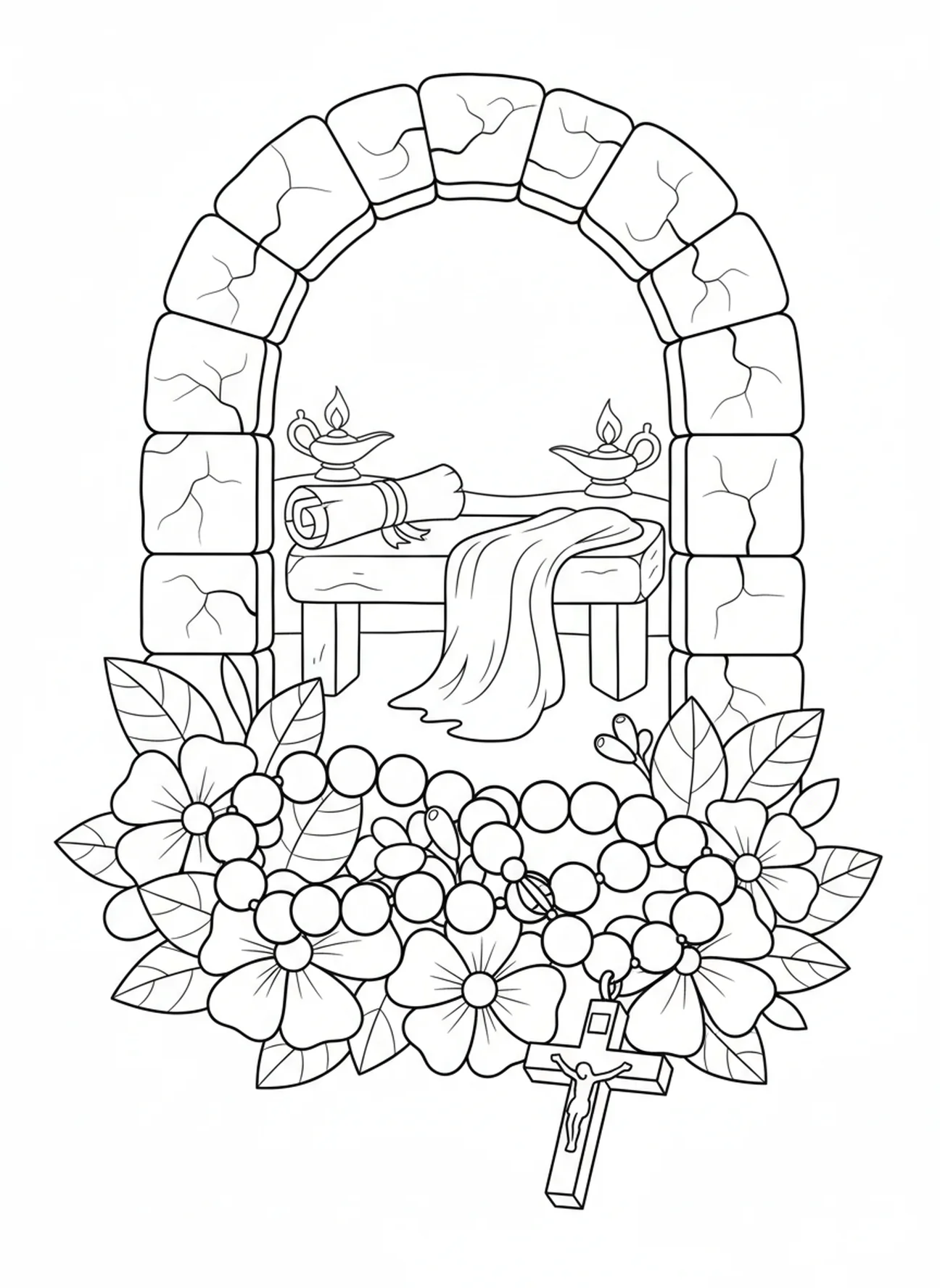 Terço rodeado de flores, página para colorir de Mãos em Oração para crianças da Escola Dominical de 5 a 12 anos.
