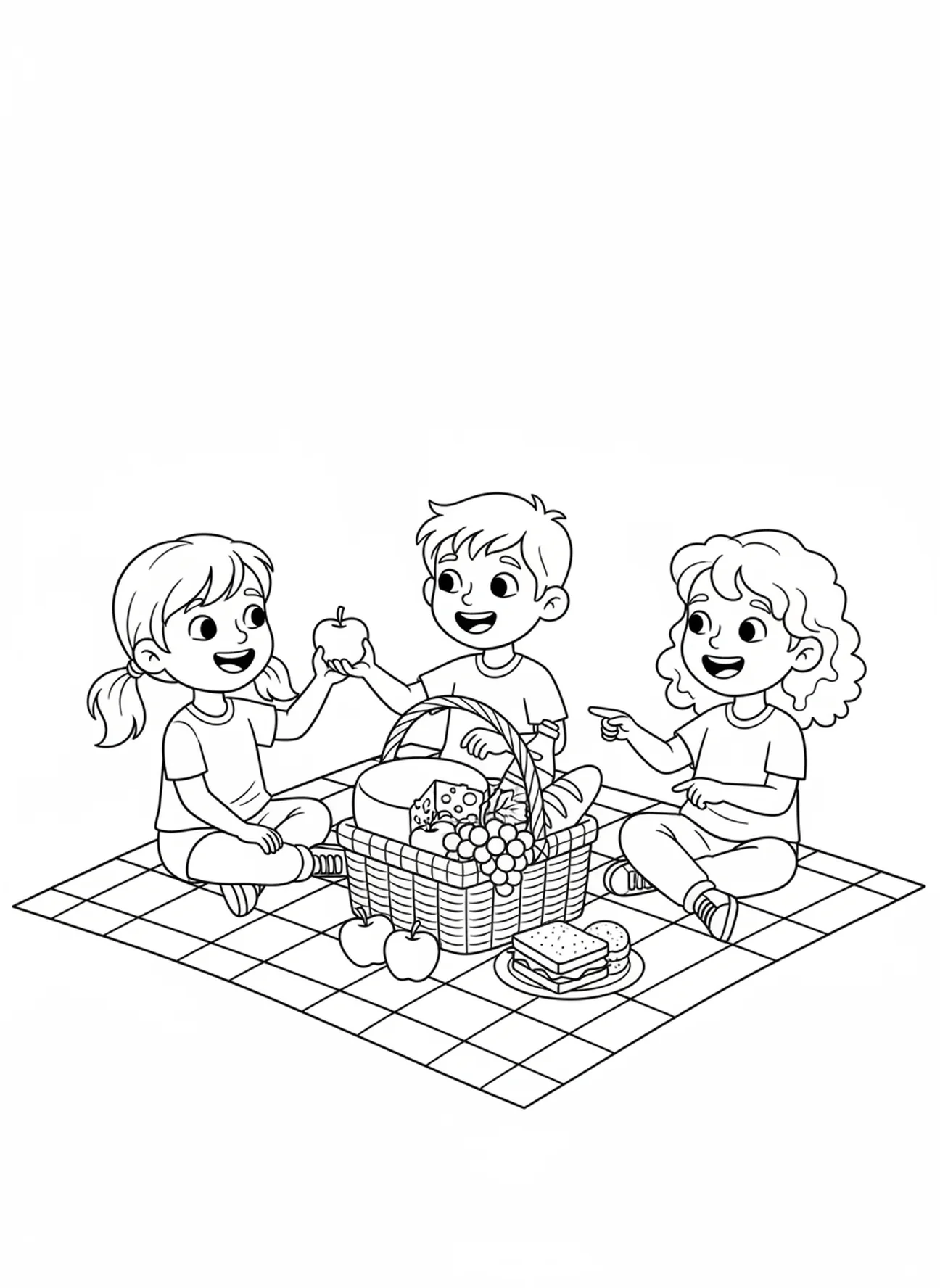 Tres amigos compartiendo comida, página para colorear de la Oración de Gracias para niños de 5 a 10 años