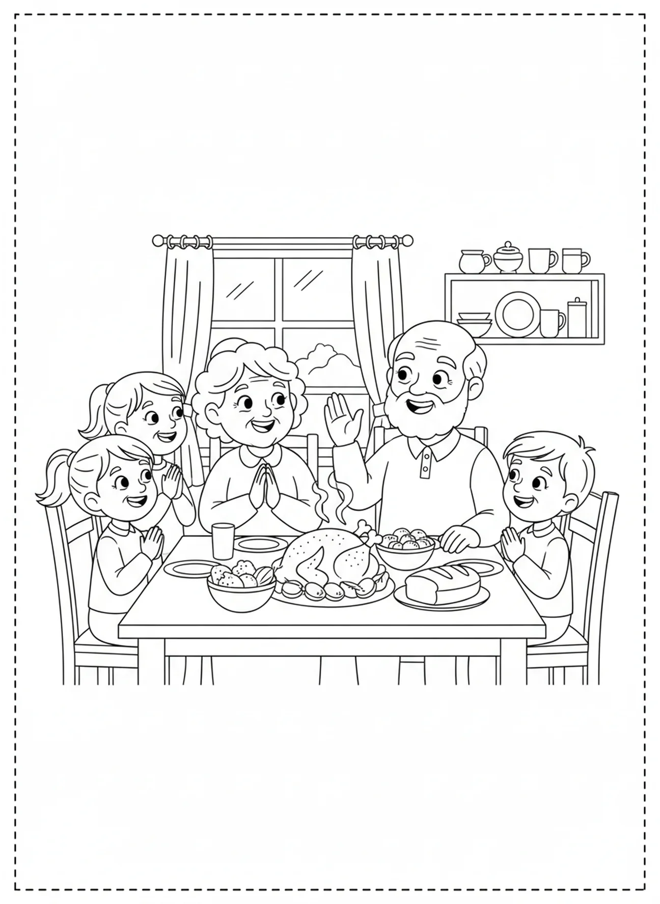 Abuelos bendiciendo la comida, página para colorear de la oración de gracias para niños de 5 a 10 años