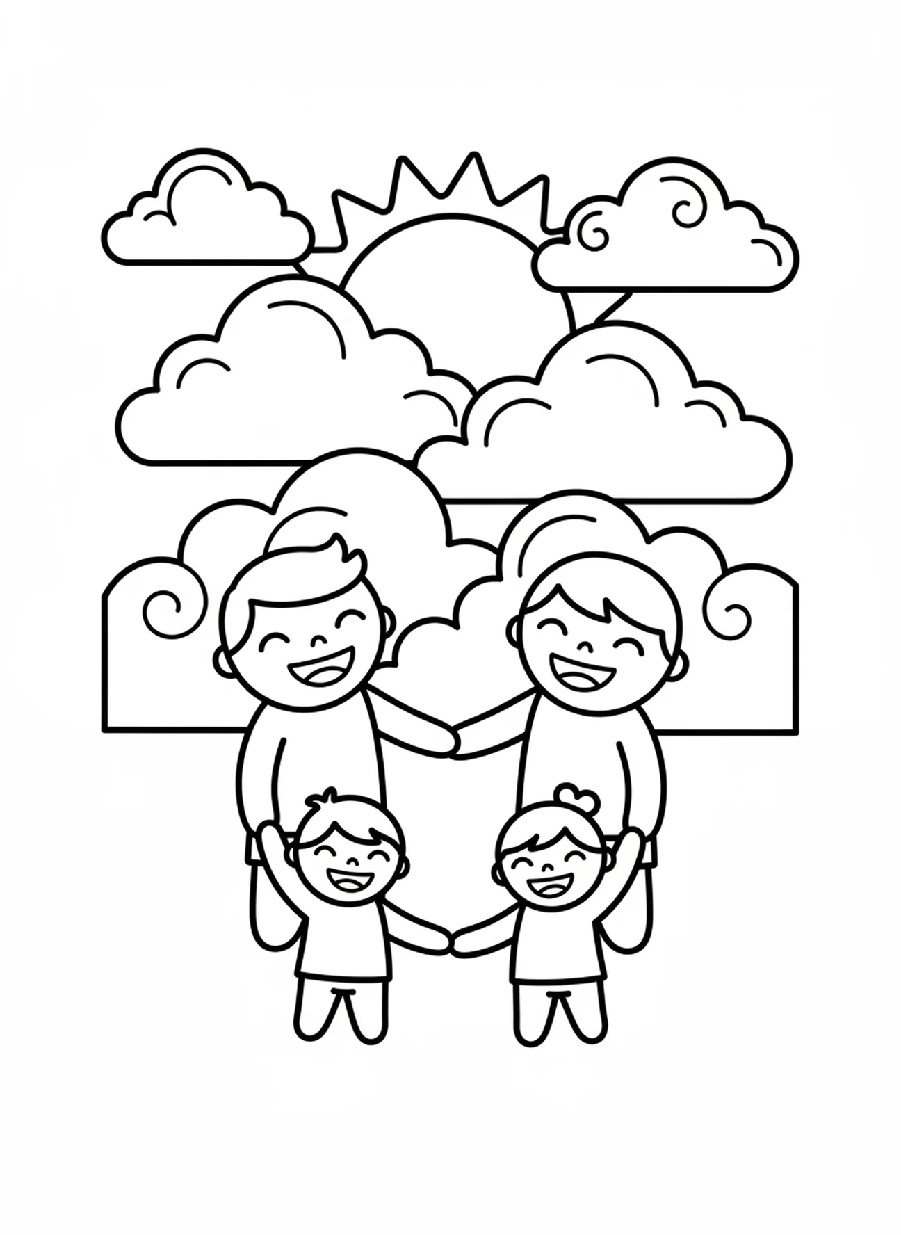 Família de mãos dadas em oração, página para colorir sobre a Oração de Ação de Graças para crianças de 3 a 5 anos