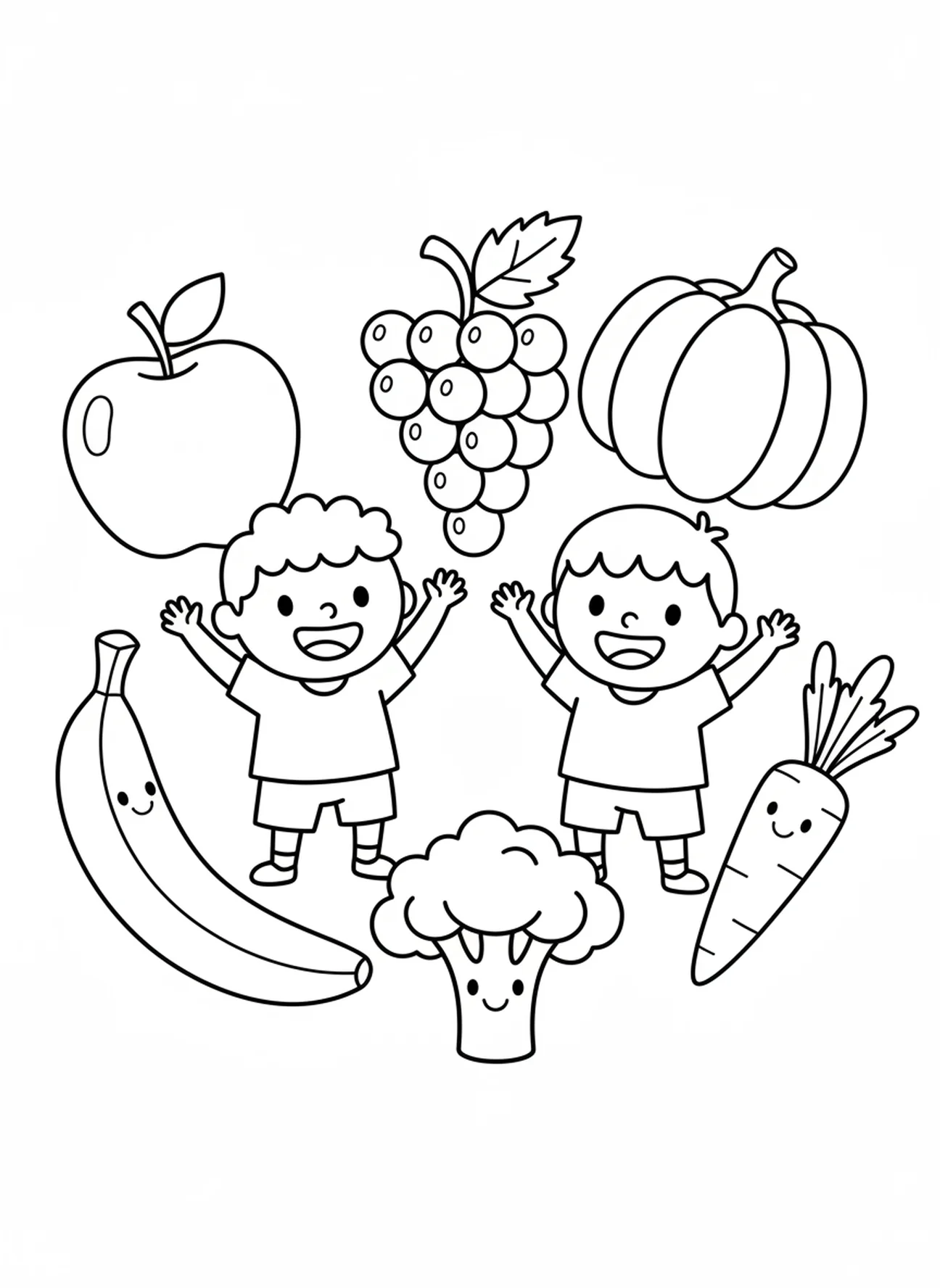 Duas crianças alegres com frutas, página para colorir de Agradecimento para pré-escolares de 3 a 5 anos