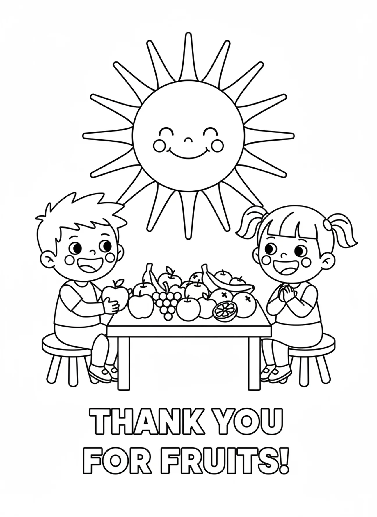 Sol sorridente sobre frutas, página de colorir Agradecendo pela Comida para crianças de 3 a 5 anos