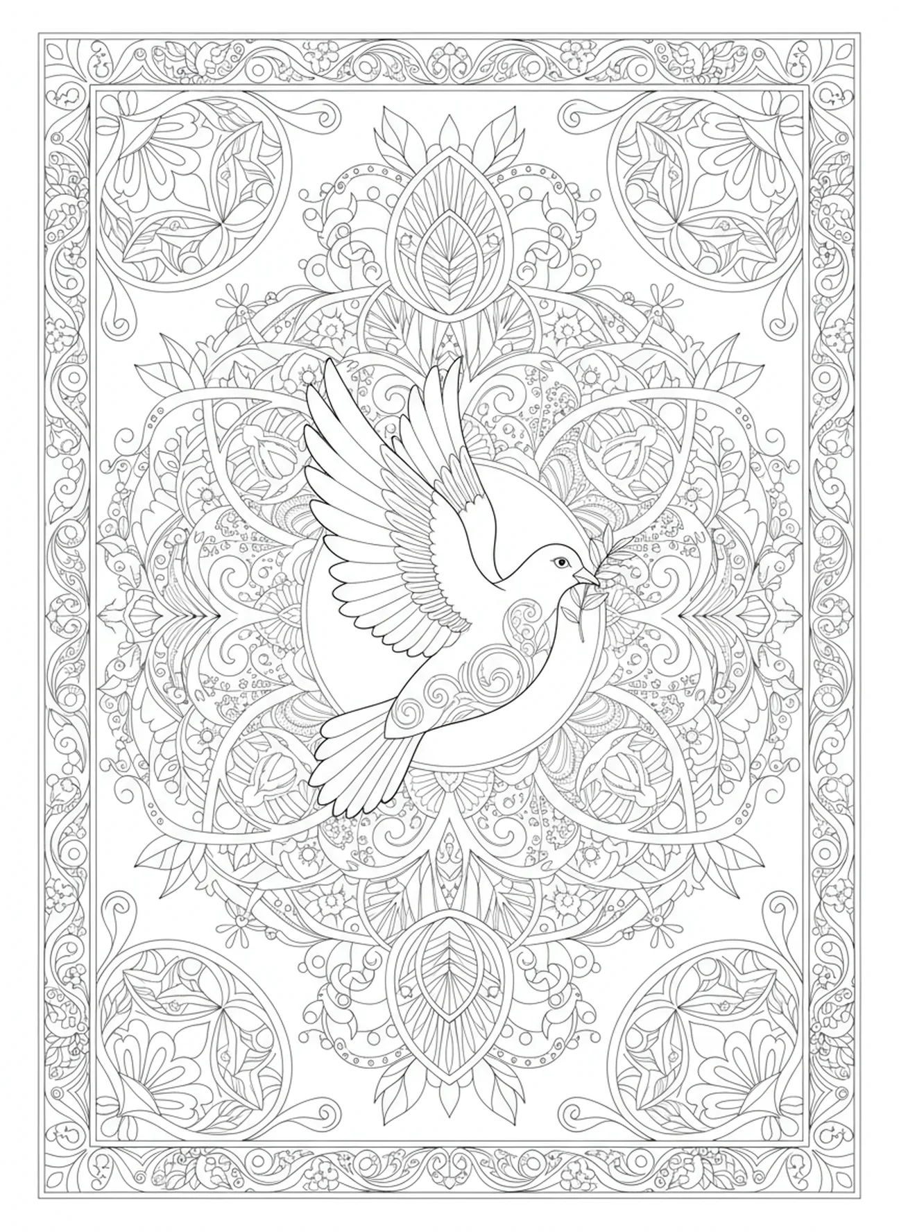 Pomba com ramo de oliveira, página para colorir da Oração da Serenidade no estilo de journaling bíblico para adultos