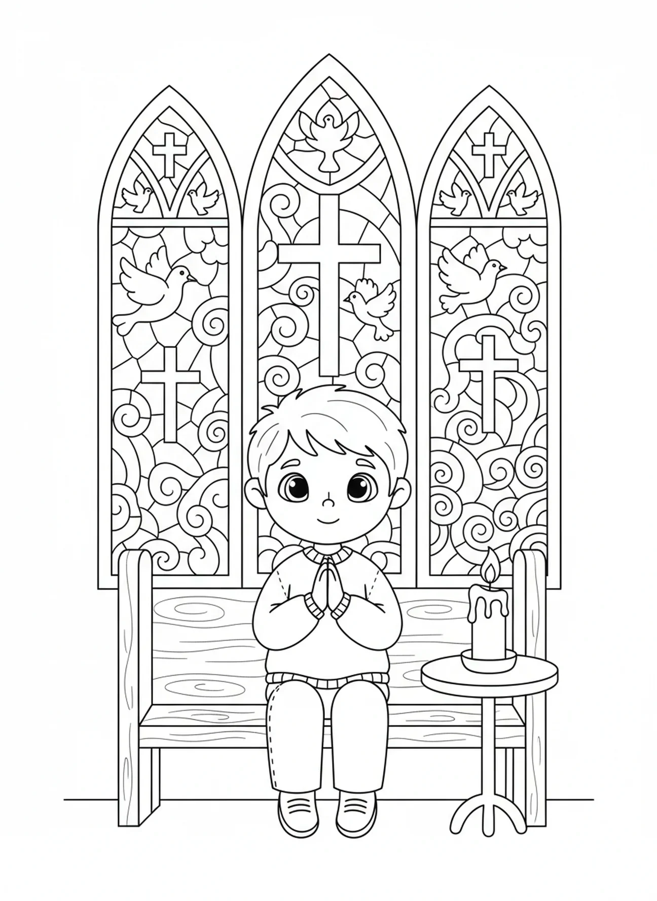 Niño sentado en la iglesia orando, página para colorear de Manos en Oración para niños de 5 a 10 años