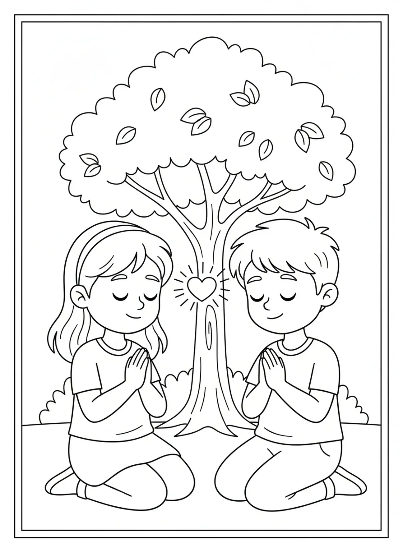 Dos amigos arrodillados en oración, página para colorear de Manos en Oración para niños de 5 a 10 años