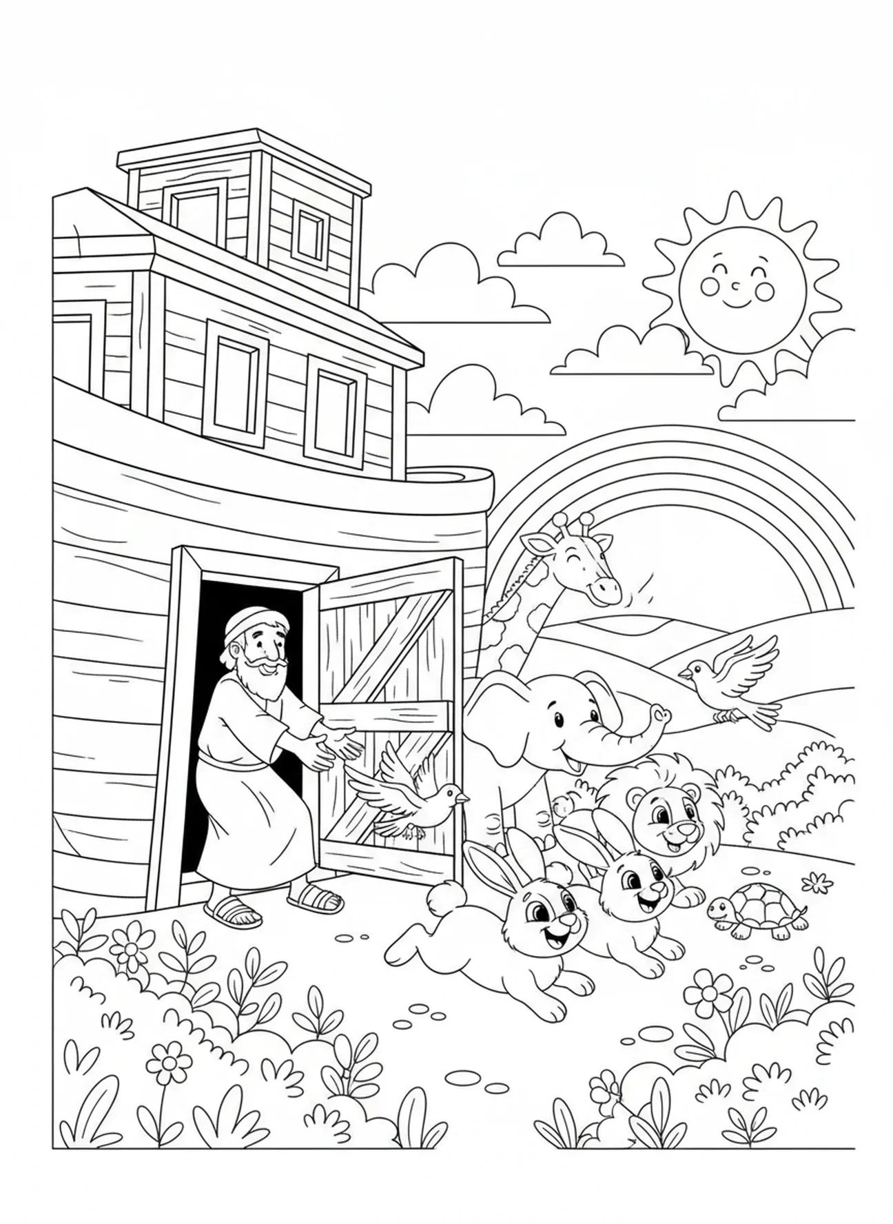 Animaux quittant l'arche de Noé, page à colorier Biblique avec un arc-en-ciel pour les enfants de 5 à 10 ans.
