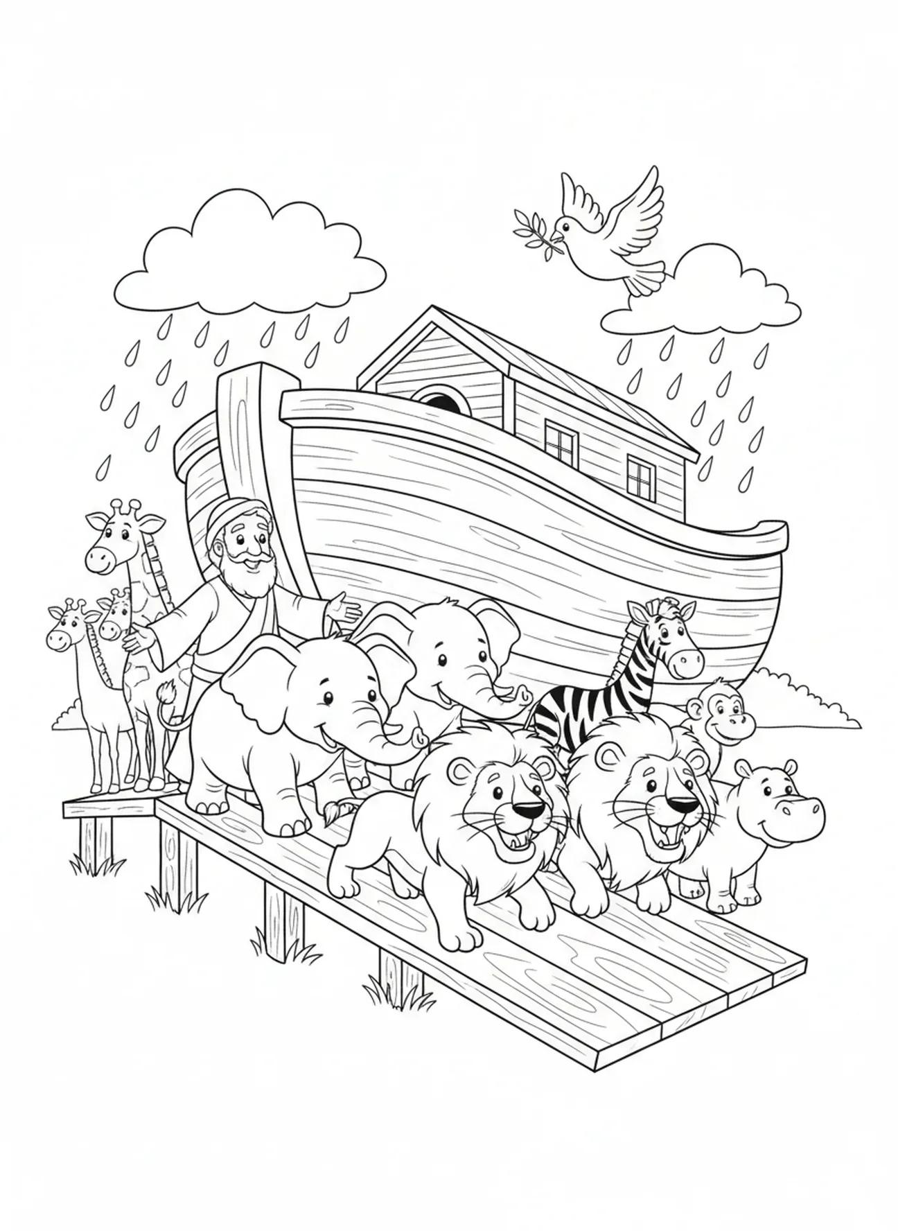 Noé guidant les animaux, page à colorier de la Bible avec un arc-en-ciel pour les enfants de 5 à 10 ans.